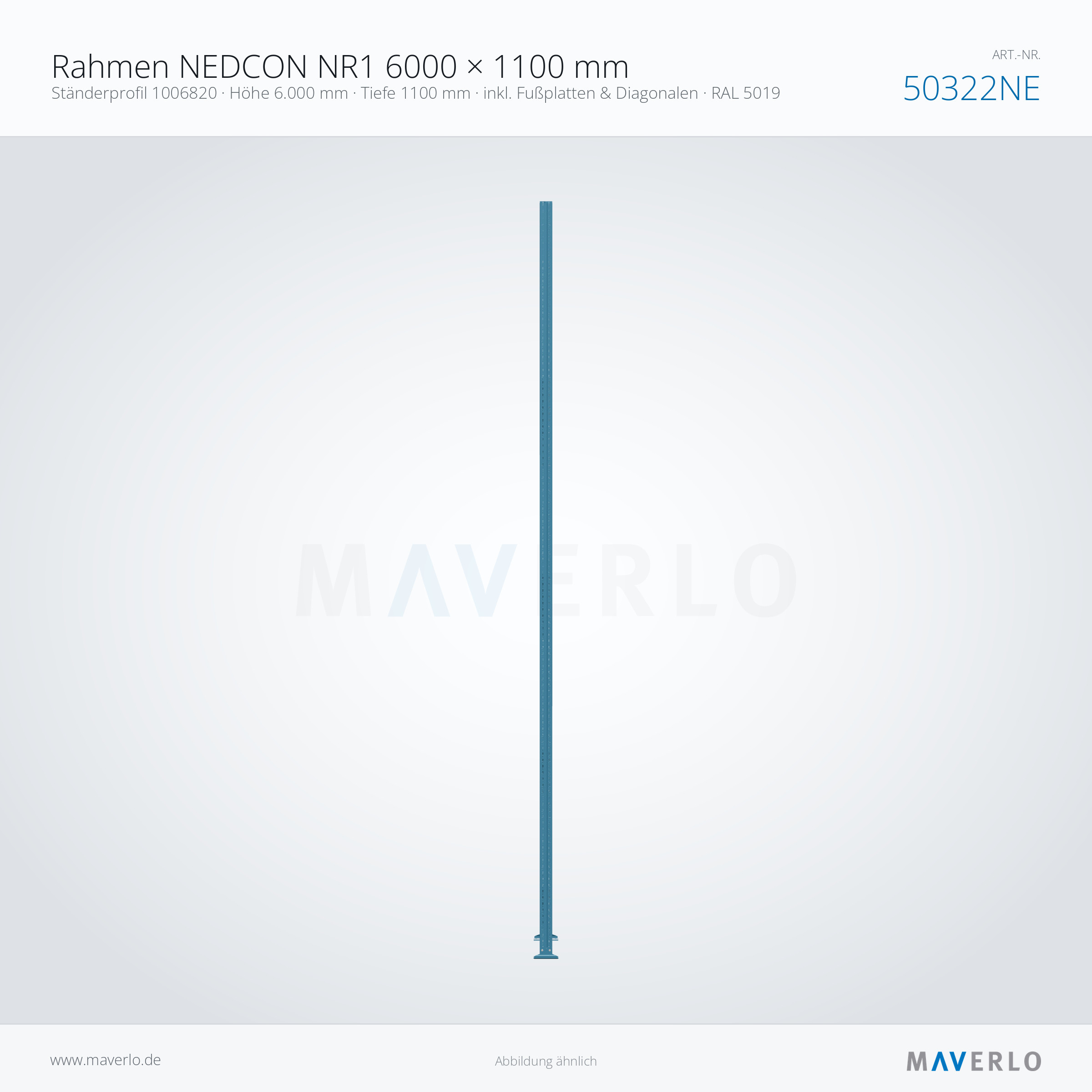 Rahmen NEDCON NR1 6000 × 1100 mm – Ständerprofil 1006820 · Höhe 6.000 mm · Tiefe 1100 mm · inkl. Fußplatten & Diagonalen · RAL 5019 – NEDCON NR1 Palettenregal, Art.-Nr. 50322NE (Seitenansicht)