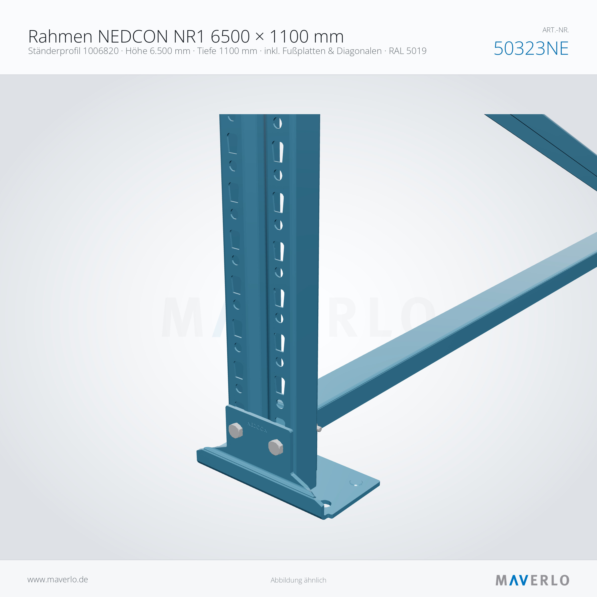 Rahmen NEDCON NR1 6500 × 1100 mm – Ständerprofil 1006820 · Höhe 6.500 mm · Tiefe 1100 mm · inkl. Fußplatten & Diagonalen · RAL 5019 – NEDCON NR1 Palettenregal, Art.-Nr. 50323NE (Detailansicht)