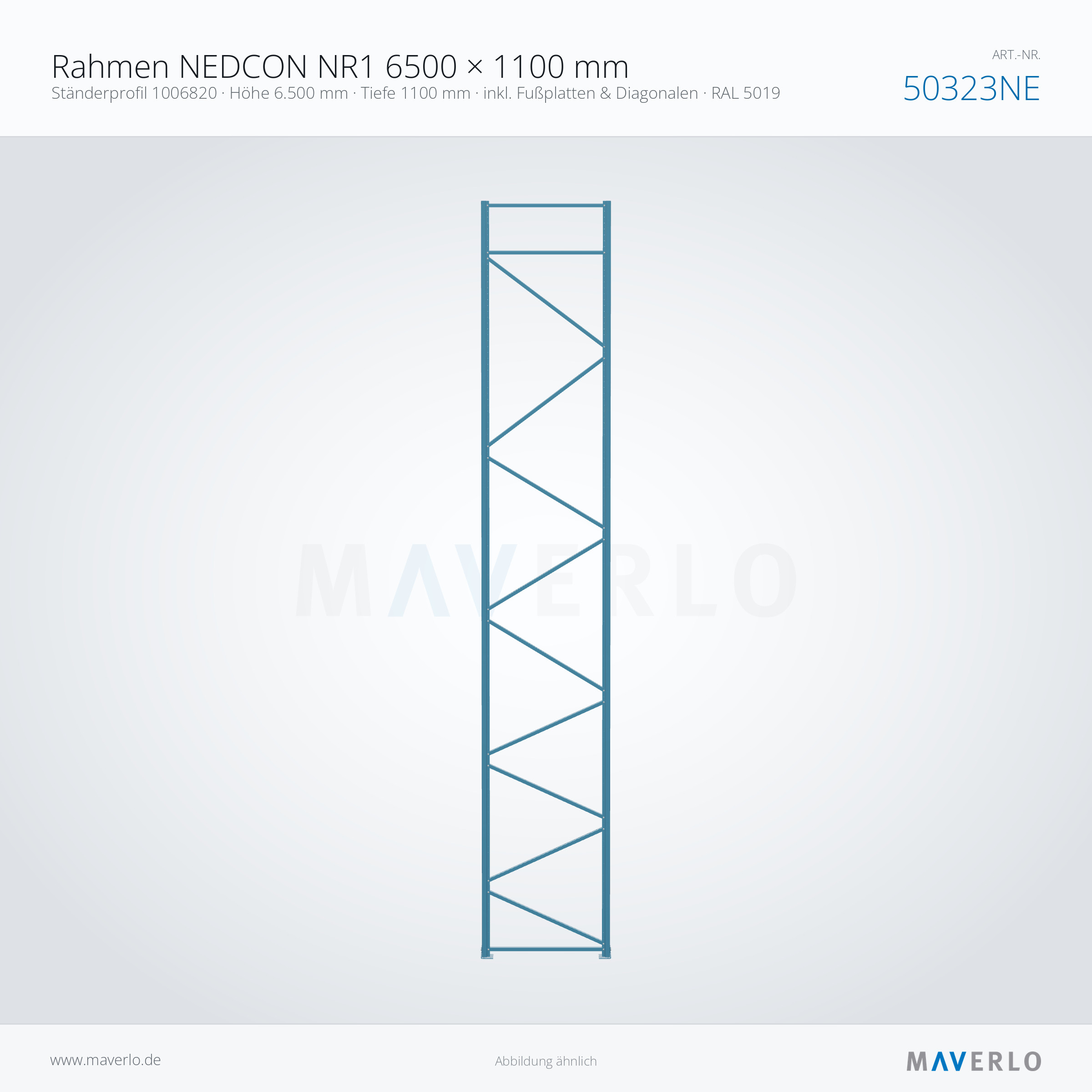 Rahmen NEDCON NR1 6500 × 1100 mm – Ständerprofil 1006820 · Höhe 6.500 mm · Tiefe 1100 mm · inkl. Fußplatten & Diagonalen · RAL 5019 – NEDCON NR1 Palettenregal, Art.-Nr. 50323NE (Queransicht)