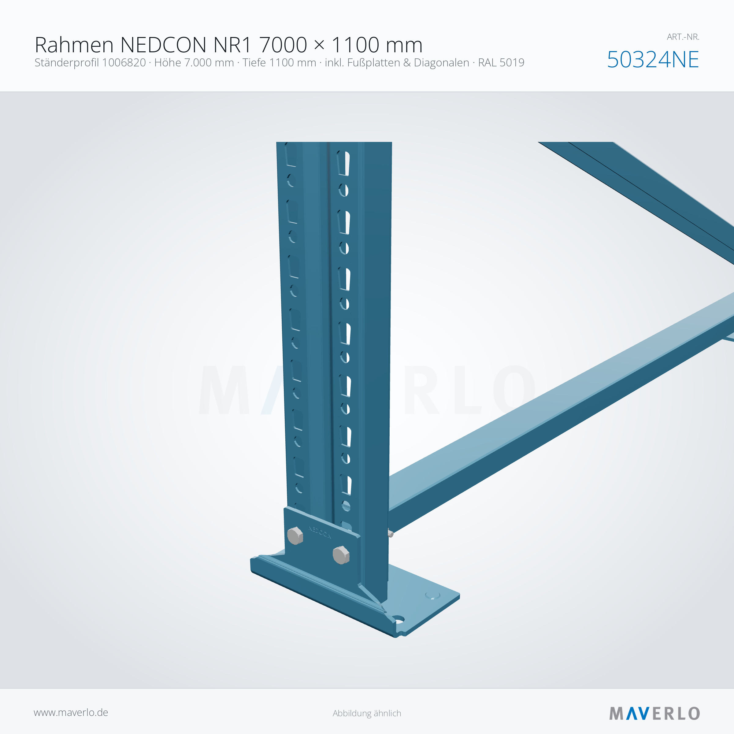 Rahmen NEDCON NR1 7000 × 1100 mm – Ständerprofil 1006820 · Höhe 7.000 mm · Tiefe 1100 mm · inkl. Fußplatten & Diagonalen · RAL 5019 – NEDCON NR1 Palettenregal, Art.-Nr. 50324NE (Detailansicht)