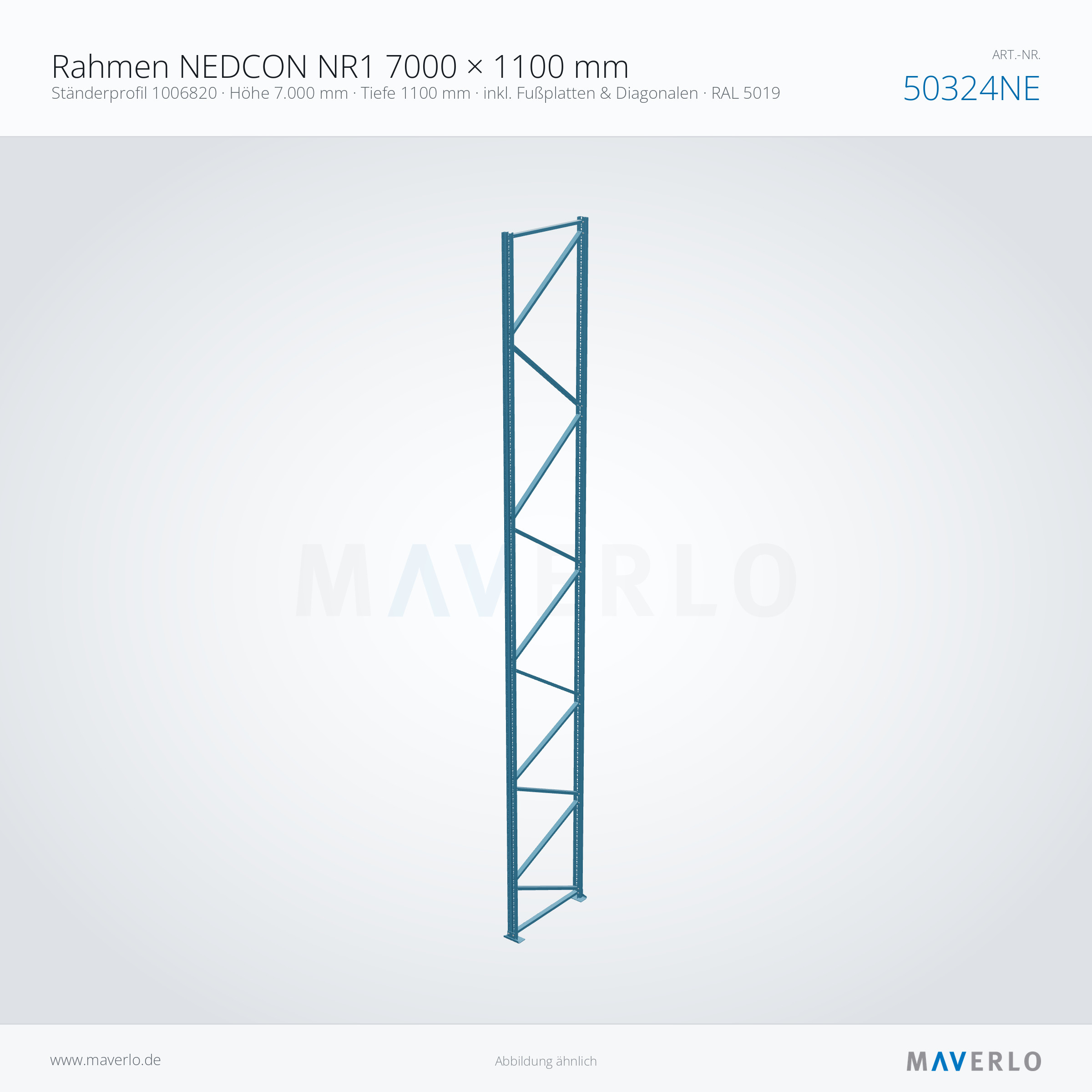 Rahmen NEDCON NR1 7000 × 1100 mm – Ständerprofil 1006820 · Höhe 7.000 mm · Tiefe 1100 mm · inkl. Fußplatten & Diagonalen · RAL 5019 – NEDCON NR1 Palettenregal, Art.-Nr. 50324NE (Perspektive)