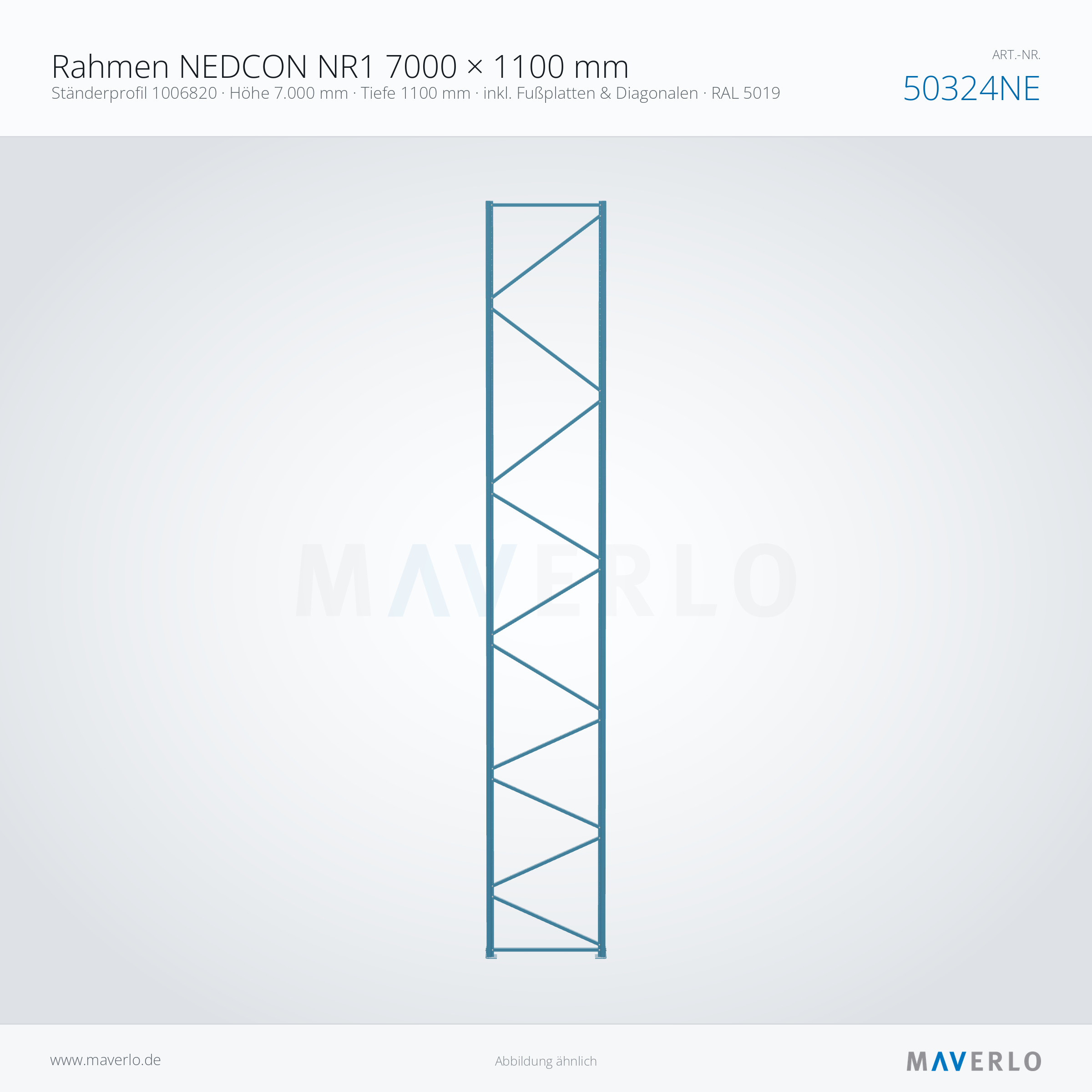 Rahmen NEDCON NR1 7000 × 1100 mm – Ständerprofil 1006820 · Höhe 7.000 mm · Tiefe 1100 mm · inkl. Fußplatten & Diagonalen · RAL 5019 – NEDCON NR1 Palettenregal, Art.-Nr. 50324NE (Queransicht)