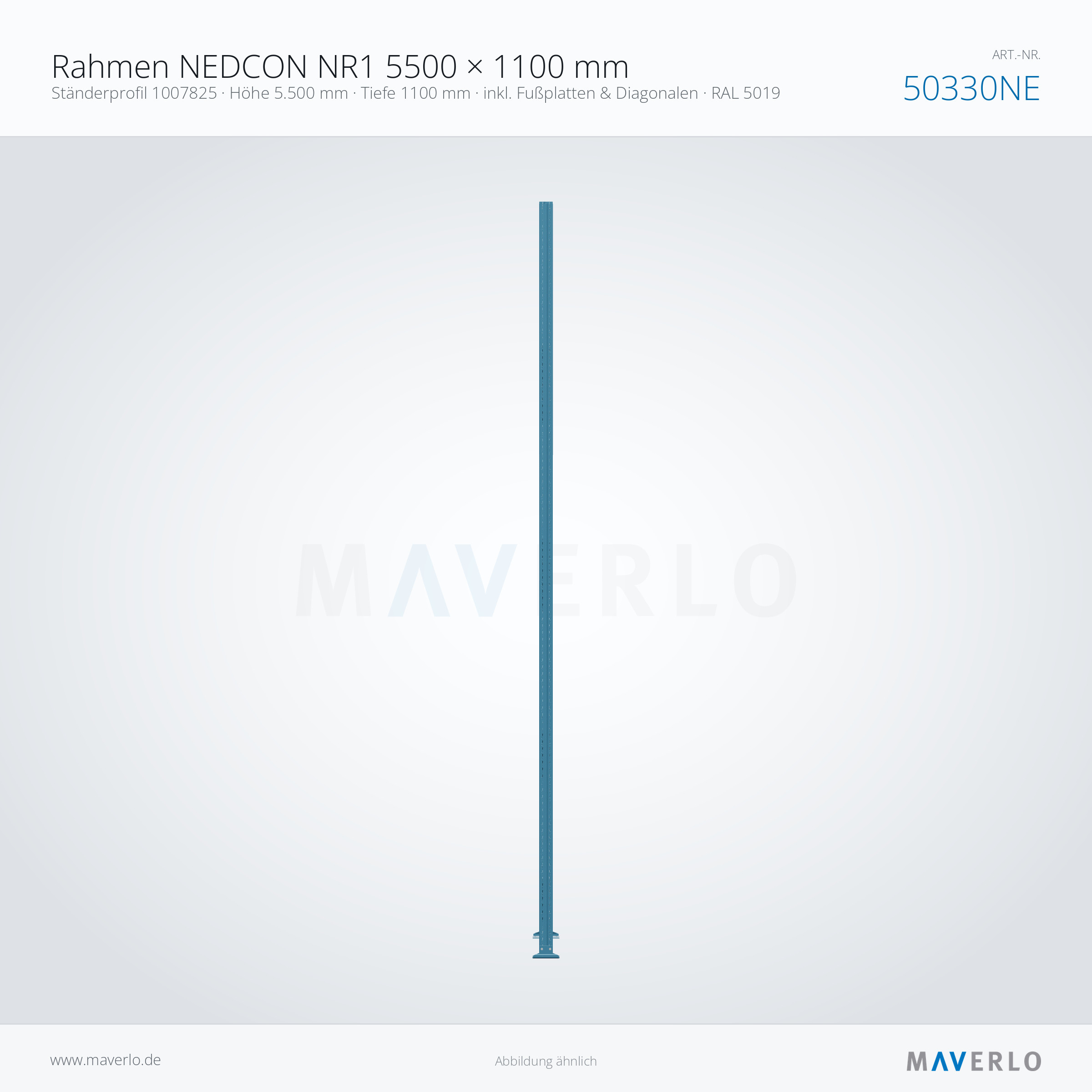 Rahmen NEDCON NR1 5500 × 1100 mm – Ständerprofil 1007825 · Höhe 5.500 mm · Tiefe 1100 mm · inkl. Fußplatten & Diagonalen · RAL 5019 – NEDCON NR1 Palettenregal, Art.-Nr. 50330NE (Seitenansicht)