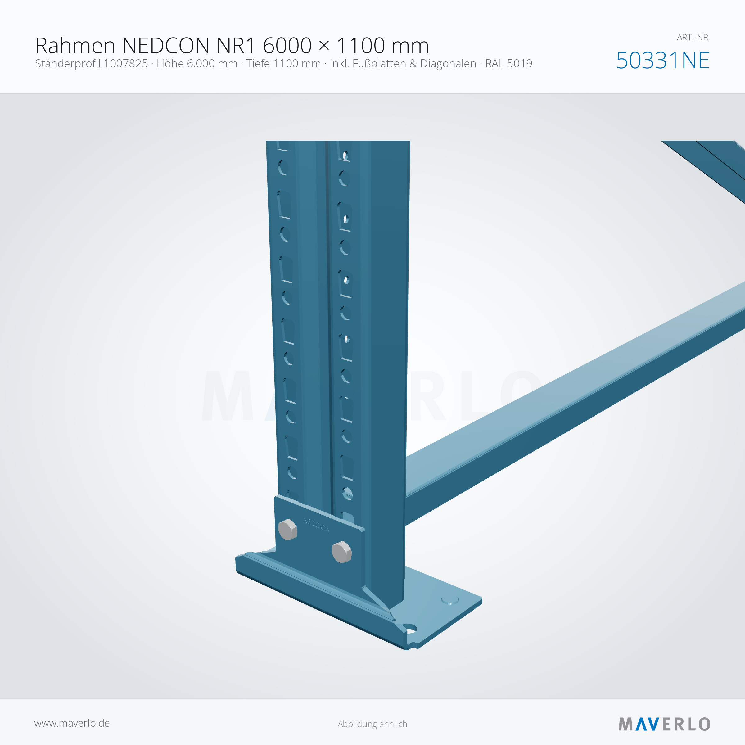 Rahmen NEDCON NR1 6000 × 1100 mm – Ständerprofil 1007825 · Höhe 6.000 mm · Tiefe 1100 mm · inkl. Fußplatten & Diagonalen · RAL 5019 – NEDCON NR1 Palettenregal, Art.-Nr. 50331NE (Detailansicht)