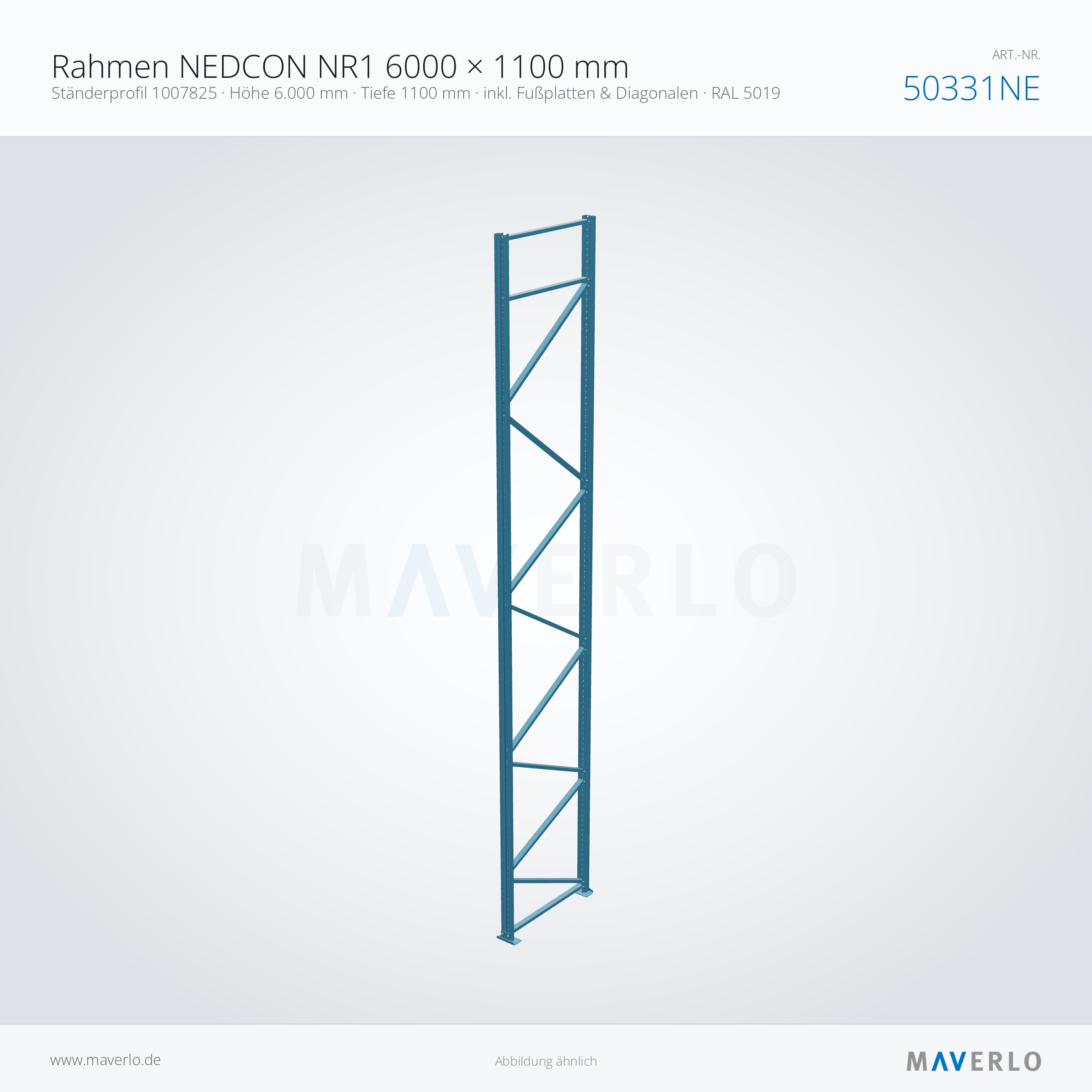 Rahmen NEDCON NR1 6000 × 1100 mm – Ständerprofil 1007825 · Höhe 6.000 mm · Tiefe 1100 mm · inkl. Fußplatten & Diagonalen · RAL 5019 – NEDCON NR1 Palettenregal, Art.-Nr. 50331NE (Perspektive)