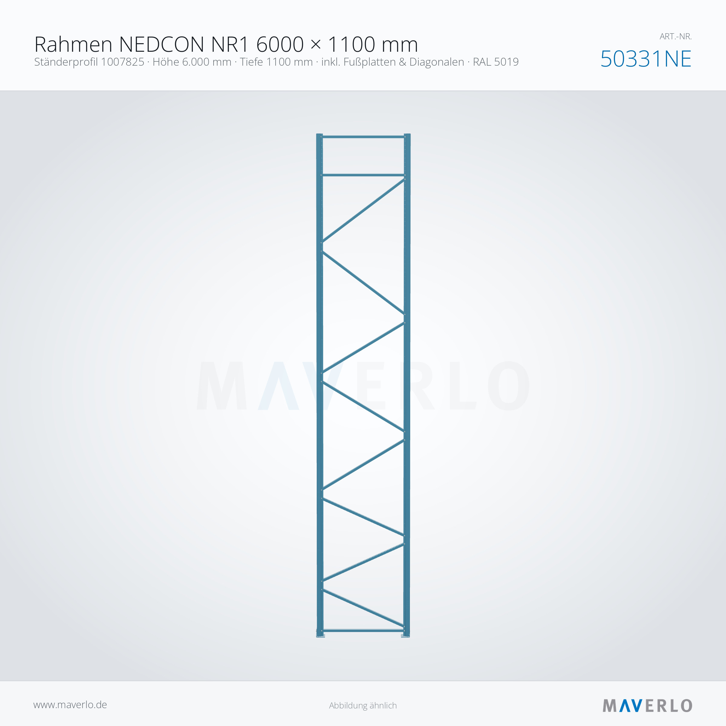 Rahmen NEDCON NR1 6000 × 1100 mm – Ständerprofil 1007825 · Höhe 6.000 mm · Tiefe 1100 mm · inkl. Fußplatten & Diagonalen · RAL 5019 – NEDCON NR1 Palettenregal, Art.-Nr. 50331NE (Queransicht)
