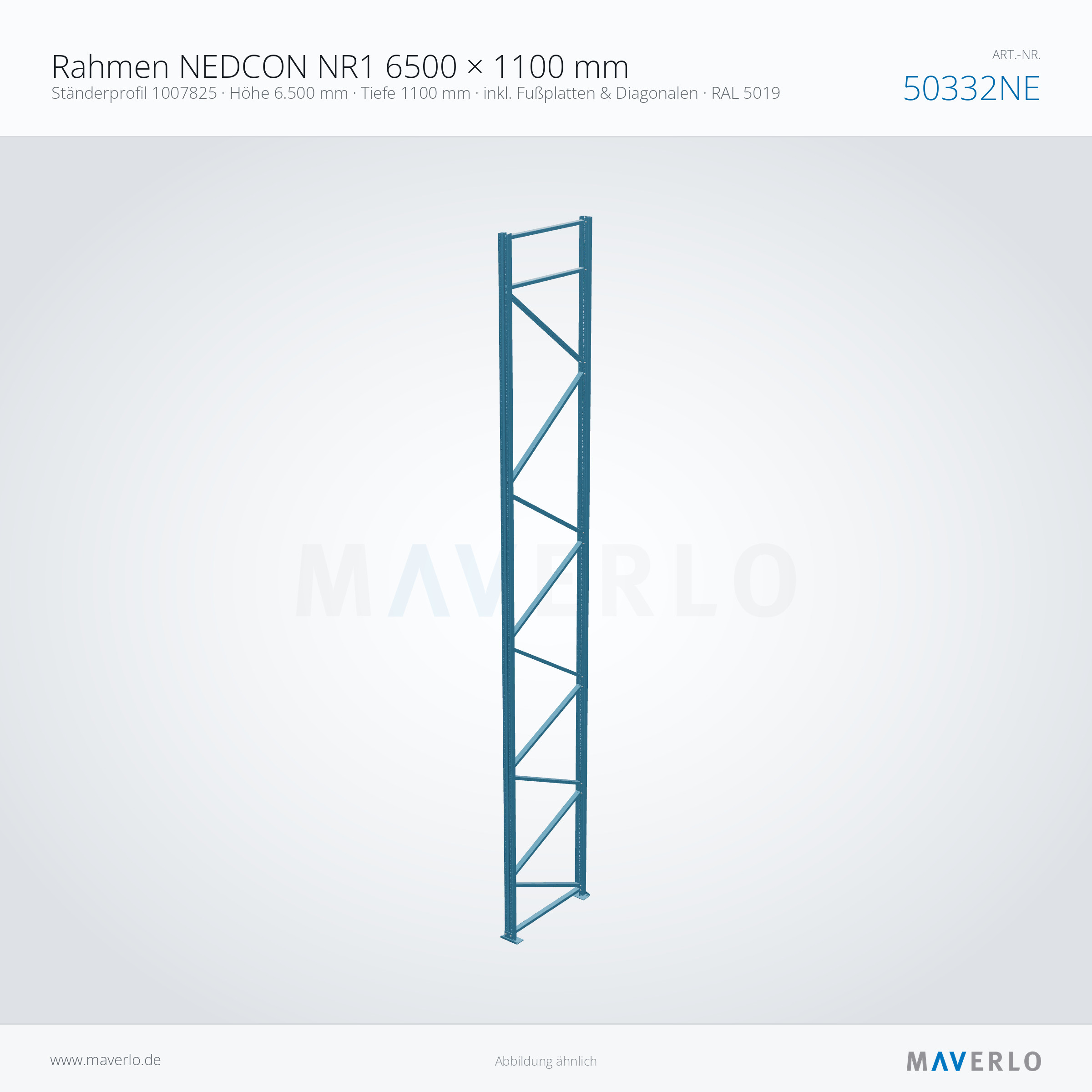 Rahmen NEDCON NR1 6500 × 1100 mm – Ständerprofil 1007825 · Höhe 6.500 mm · Tiefe 1100 mm · inkl. Fußplatten & Diagonalen · RAL 5019 – NEDCON NR1 Palettenregal, Art.-Nr. 50332NE (Perspektive)