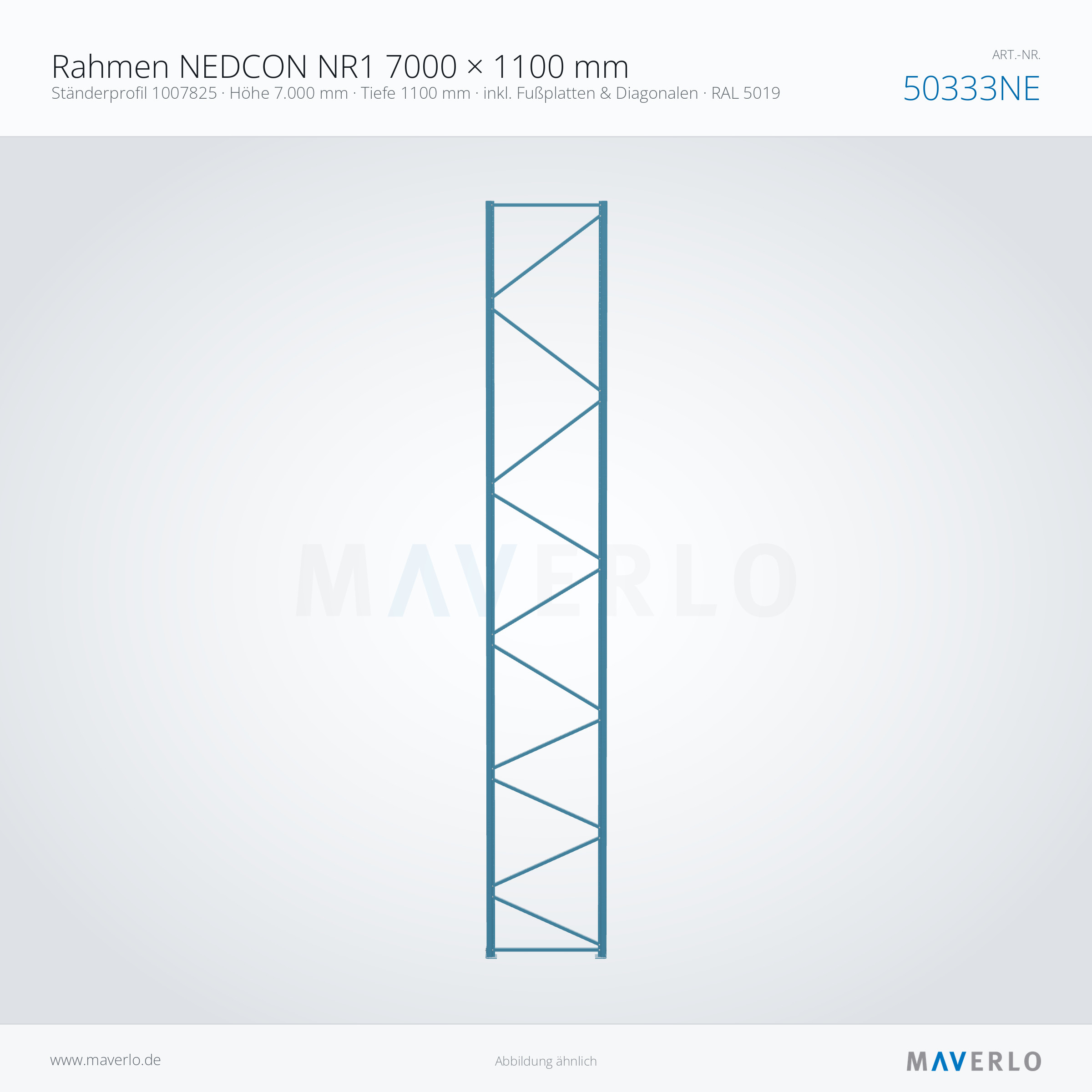 Rahmen NEDCON NR1 7000 × 1100 mm – Ständerprofil 1007825 · Höhe 7.000 mm · Tiefe 1100 mm · inkl. Fußplatten & Diagonalen · RAL 5019 – NEDCON NR1 Palettenregal, Art.-Nr. 50333NE (Queransicht)