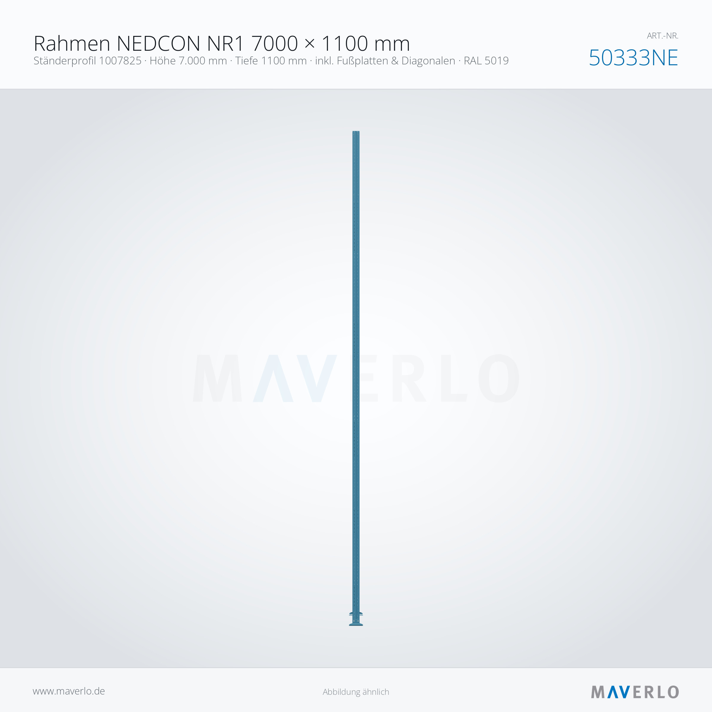 Rahmen NEDCON NR1 7000 × 1100 mm – Ständerprofil 1007825 · Höhe 7.000 mm · Tiefe 1100 mm · inkl. Fußplatten & Diagonalen · RAL 5019 – NEDCON NR1 Palettenregal, Art.-Nr. 50333NE (Seitenansicht)