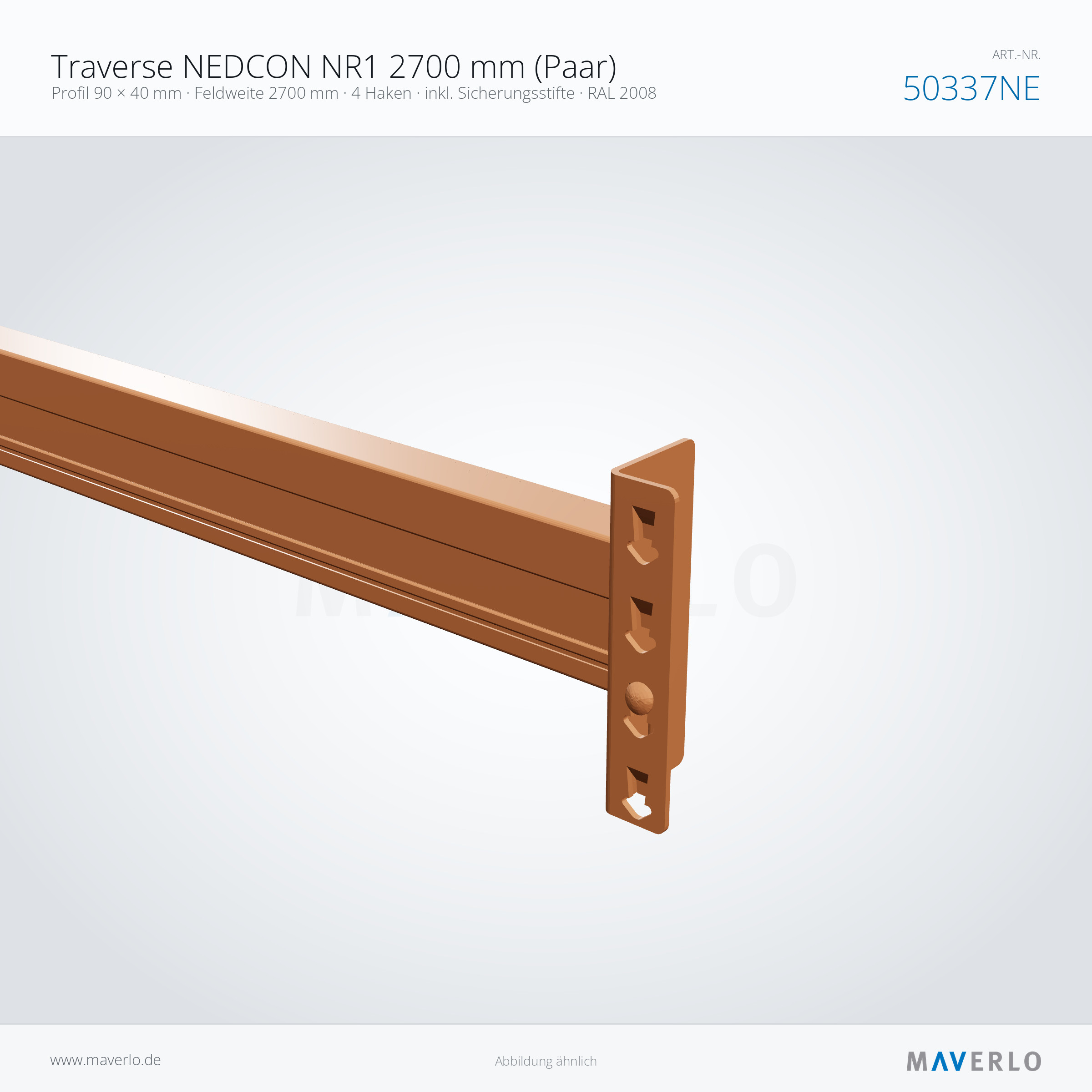 Traverse NEDCON NR1 2700 mm (Paar) – Profil 90 × 40 mm · Feldweite 2700 mm · 4 Haken · inkl. Sicherungsstifte · RAL 2008 – NEDCON NR1 Palettenregal, Art.-Nr. 50337NE (Detailansicht)