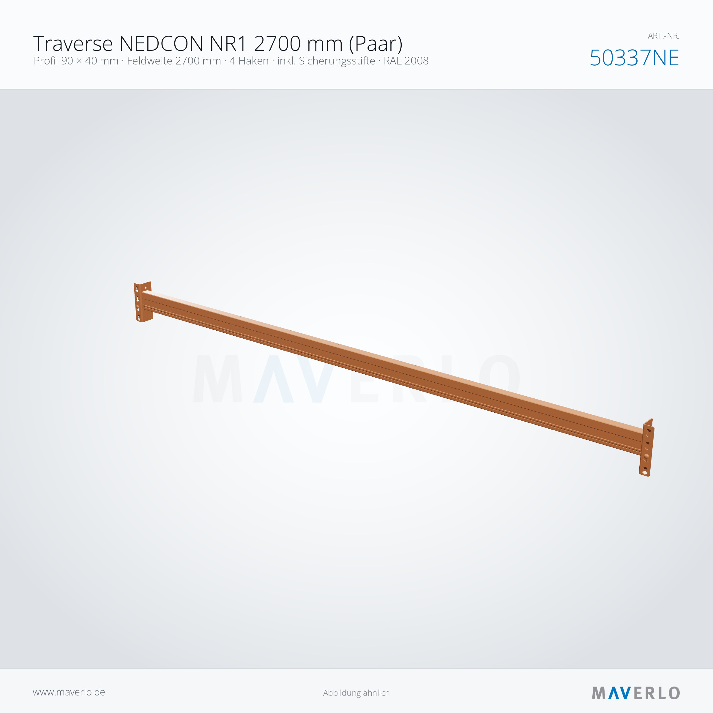 Traverse NEDCON NR1 2700 mm (Paar) – Profil 90 × 40 mm · Feldweite 2700 mm · 4 Haken · inkl. Sicherungsstifte · RAL 2008 – NEDCON NR1 Palettenregal, Art.-Nr. 50337NE (Perspektive)