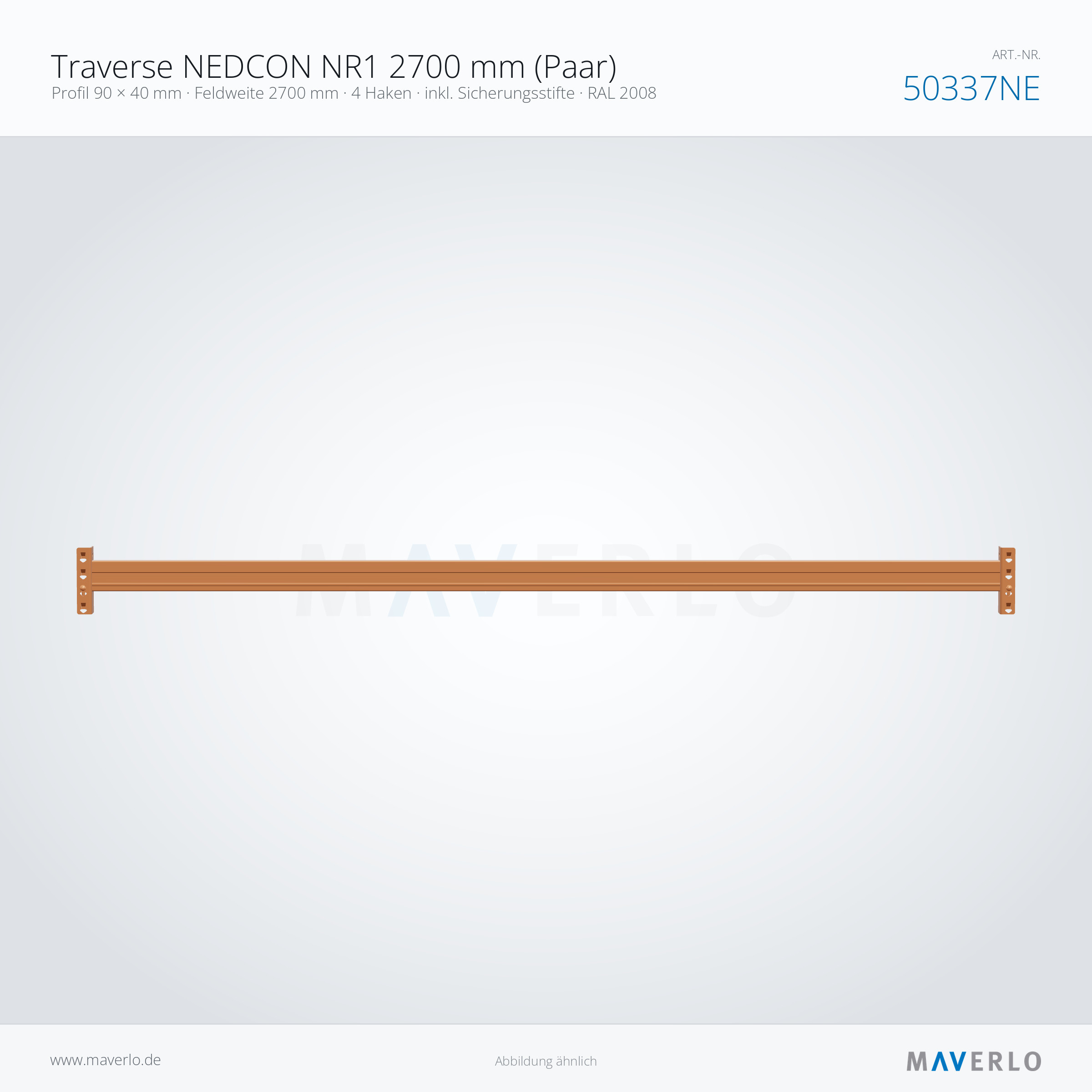 Traverse NEDCON NR1 2700 mm (Paar) – Profil 90 × 40 mm · Feldweite 2700 mm · 4 Haken · inkl. Sicherungsstifte · RAL 2008 – NEDCON NR1 Palettenregal, Art.-Nr. 50337NE (Seitenansicht)