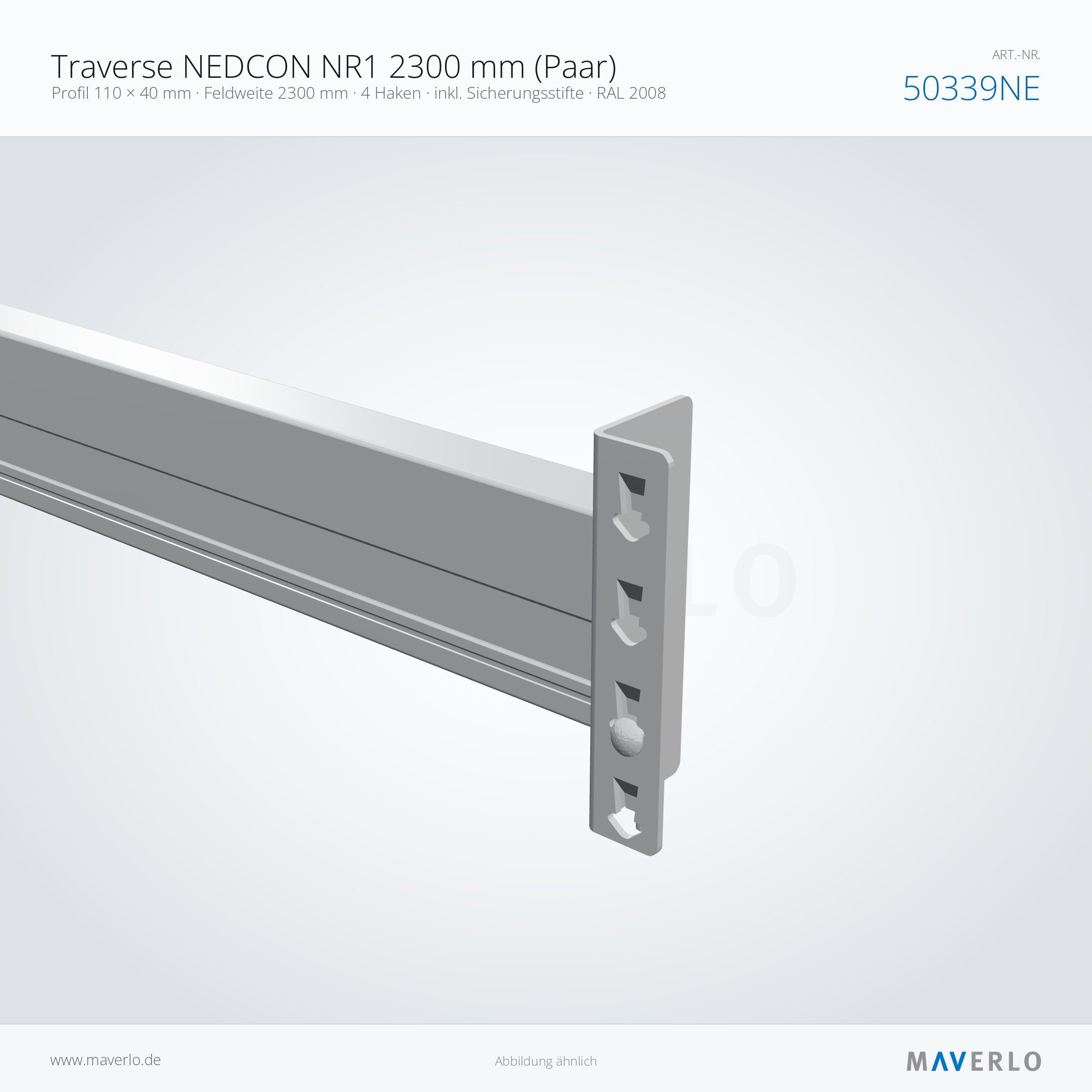 Traverse NEDCON NR1 2300 mm (Paar) – Profil 110 × 40 mm · Feldweite 2300 mm · 4 Haken · inkl. Sicherungsstifte · RAL 2008 – NEDCON NR1 Palettenregal, Art.-Nr. 50339NE (Detailansicht)