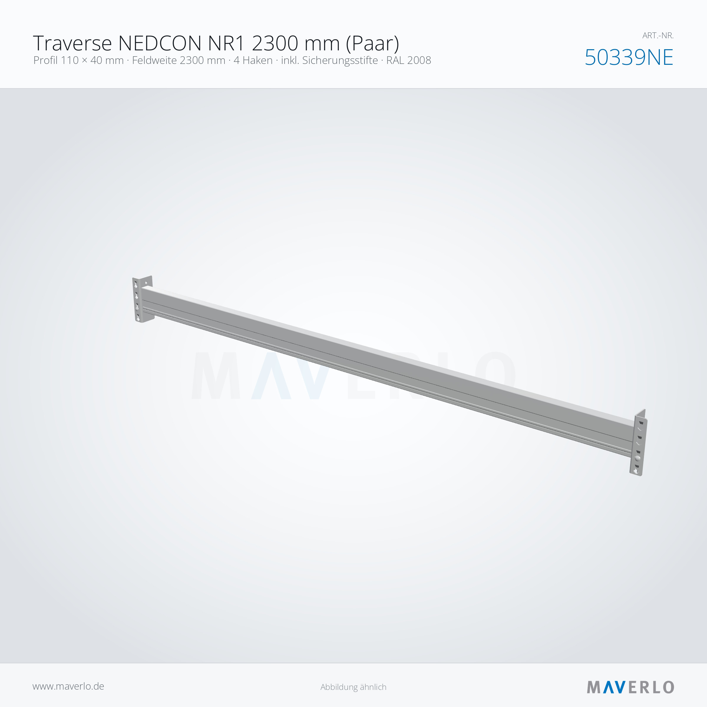 Traverse NEDCON NR1 2300 mm (Paar) – Profil 110 × 40 mm · Feldweite 2300 mm · 4 Haken · inkl. Sicherungsstifte · RAL 2008 – NEDCON NR1 Palettenregal, Art.-Nr. 50339NE (Perspektive)