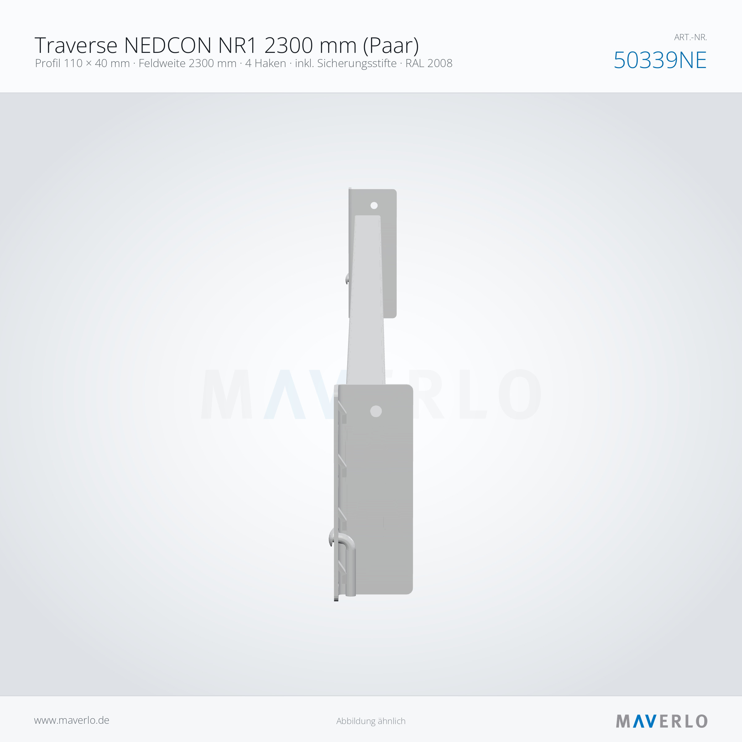 Traverse NEDCON NR1 2300 mm (Paar) – Profil 110 × 40 mm · Feldweite 2300 mm · 4 Haken · inkl. Sicherungsstifte · RAL 2008 – NEDCON NR1 Palettenregal, Art.-Nr. 50339NE (Queransicht)