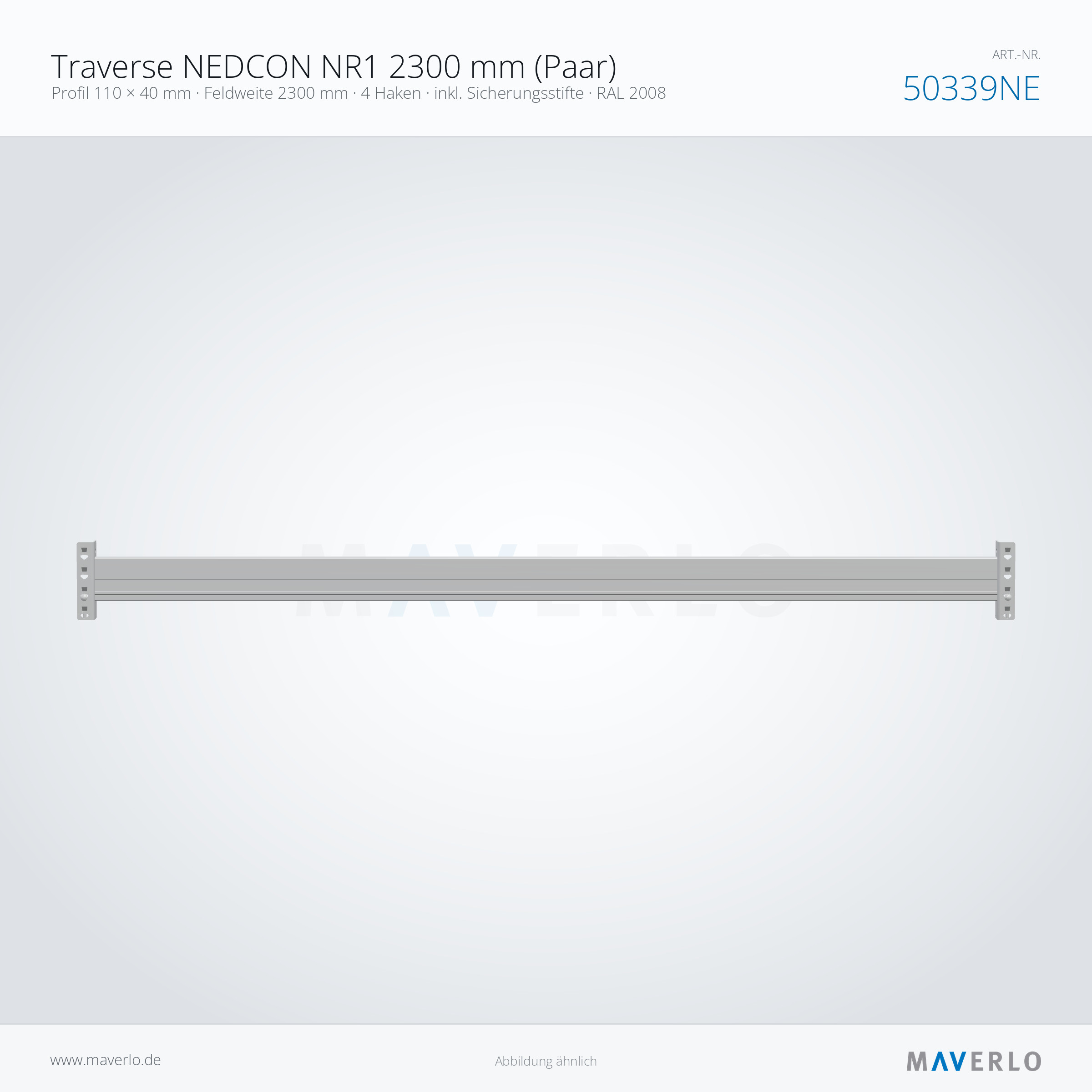 Traverse NEDCON NR1 2300 mm (Paar) – Profil 110 × 40 mm · Feldweite 2300 mm · 4 Haken · inkl. Sicherungsstifte · RAL 2008 – NEDCON NR1 Palettenregal, Art.-Nr. 50339NE (Seitenansicht)