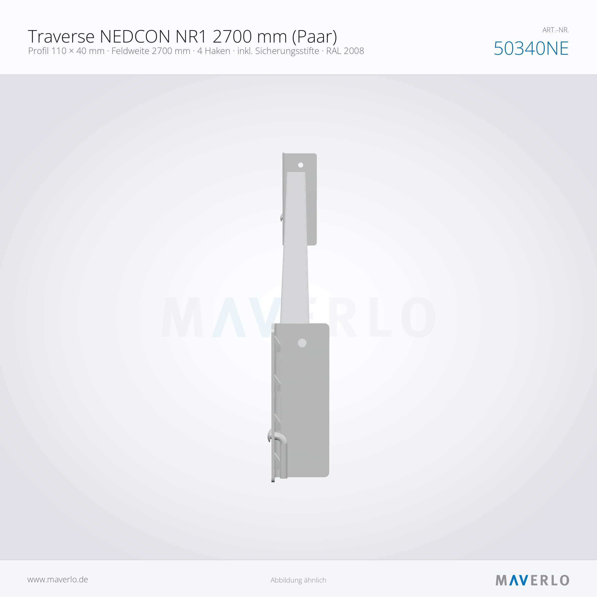 Traverse NEDCON NR1 2700 mm (Paar) – Profil 110 × 40 mm · Feldweite 2700 mm · 4 Haken · inkl. Sicherungsstifte · RAL 2008 – NEDCON NR1 Palettenregal, Art.-Nr. 50340NE (Queransicht)