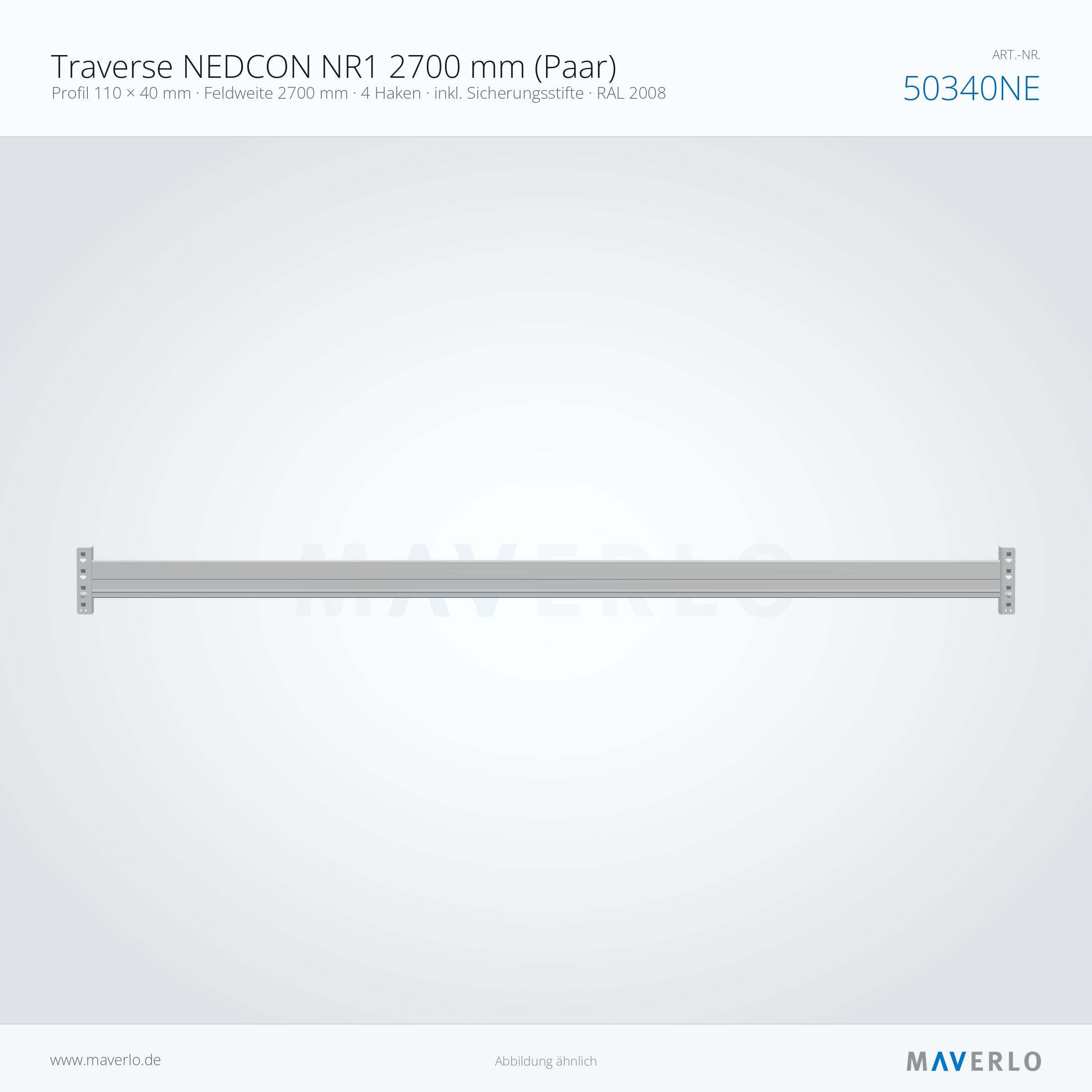 Traverse NEDCON NR1 2700 mm (Paar) – Profil 110 × 40 mm · Feldweite 2700 mm · 4 Haken · inkl. Sicherungsstifte · RAL 2008 – NEDCON NR1 Palettenregal, Art.-Nr. 50340NE (Seitenansicht)