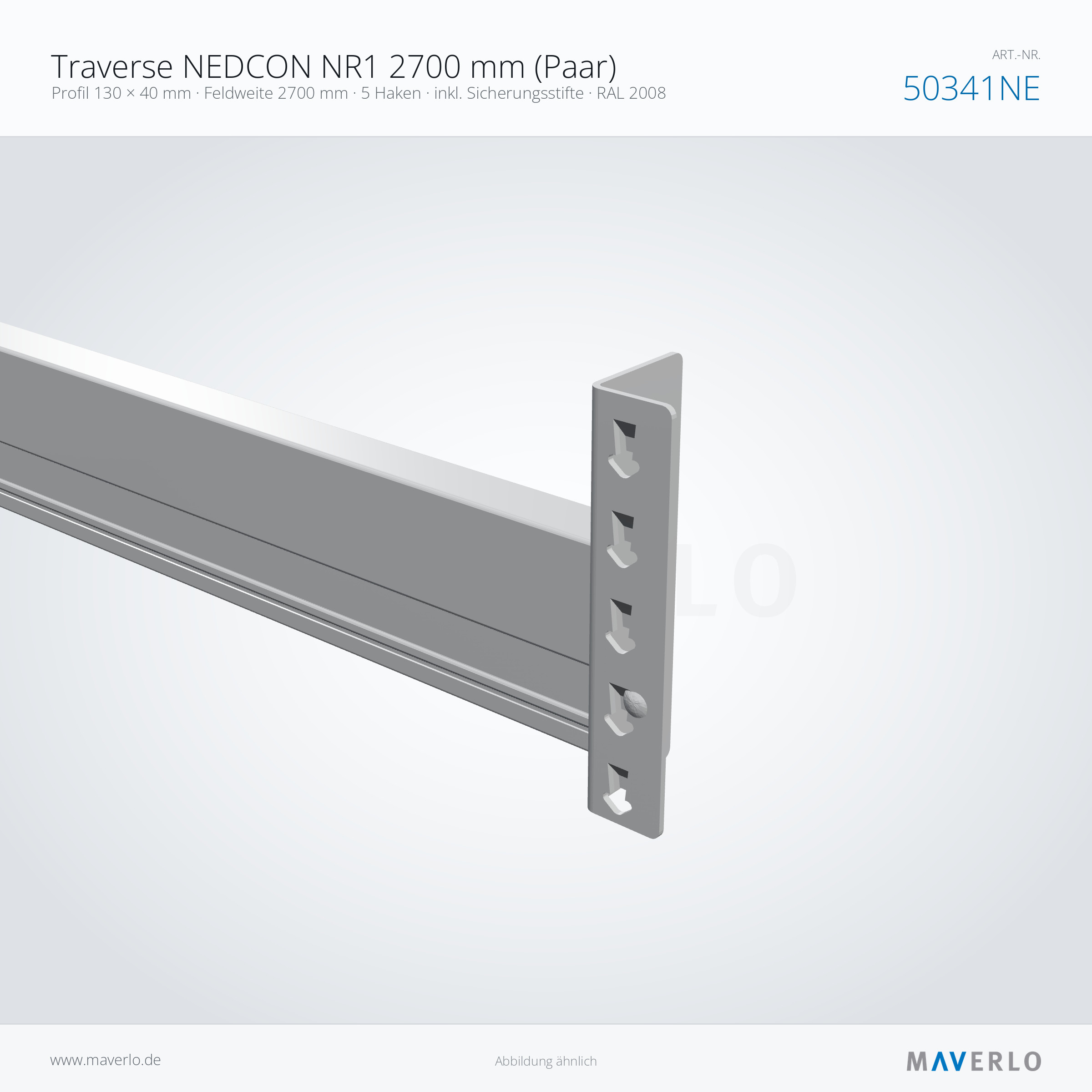 Traverse NEDCON NR1 2700 mm (Paar) – Profil 130 × 40 mm · Feldweite 2700 mm · 5 Haken · inkl. Sicherungsstifte · RAL 2008 – NEDCON NR1 Palettenregal, Art.-Nr. 50341NE (Detailansicht)