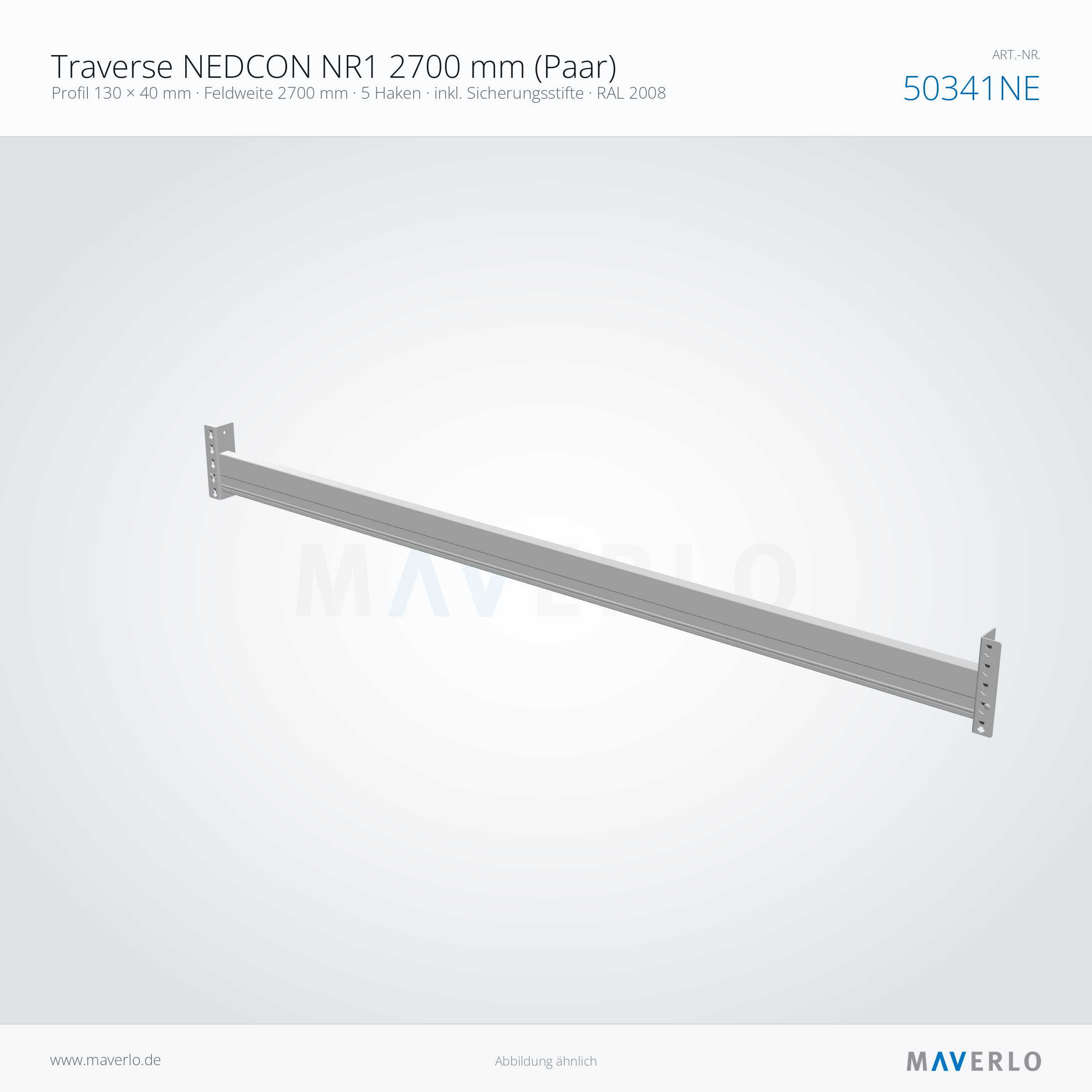 Traverse NEDCON NR1 2700 mm (Paar) – Profil 130 × 40 mm · Feldweite 2700 mm · 5 Haken · inkl. Sicherungsstifte · RAL 2008 – NEDCON NR1 Palettenregal, Art.-Nr. 50341NE (Perspektive)
