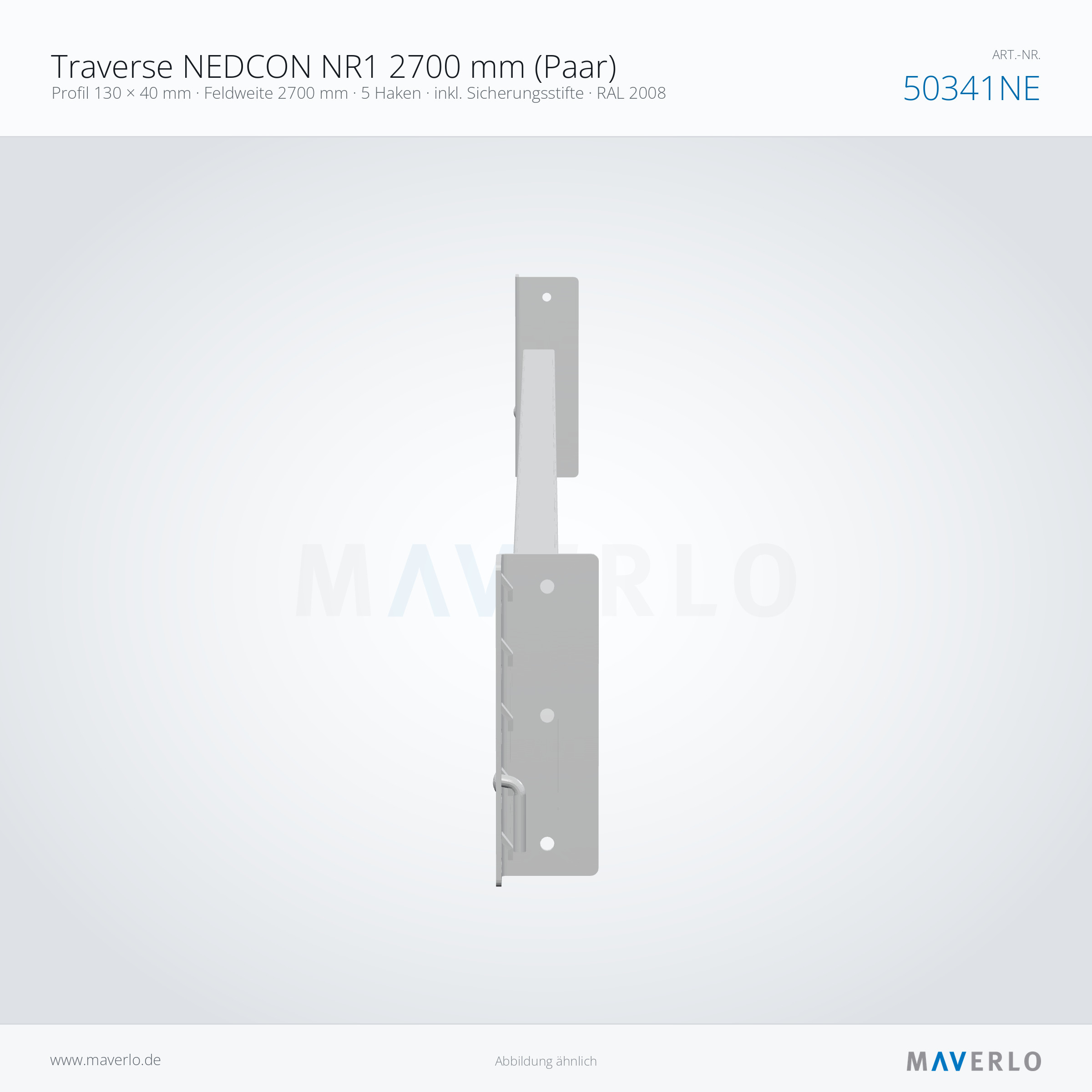 Traverse NEDCON NR1 2700 mm (Paar) – Profil 130 × 40 mm · Feldweite 2700 mm · 5 Haken · inkl. Sicherungsstifte · RAL 2008 – NEDCON NR1 Palettenregal, Art.-Nr. 50341NE (Queransicht)