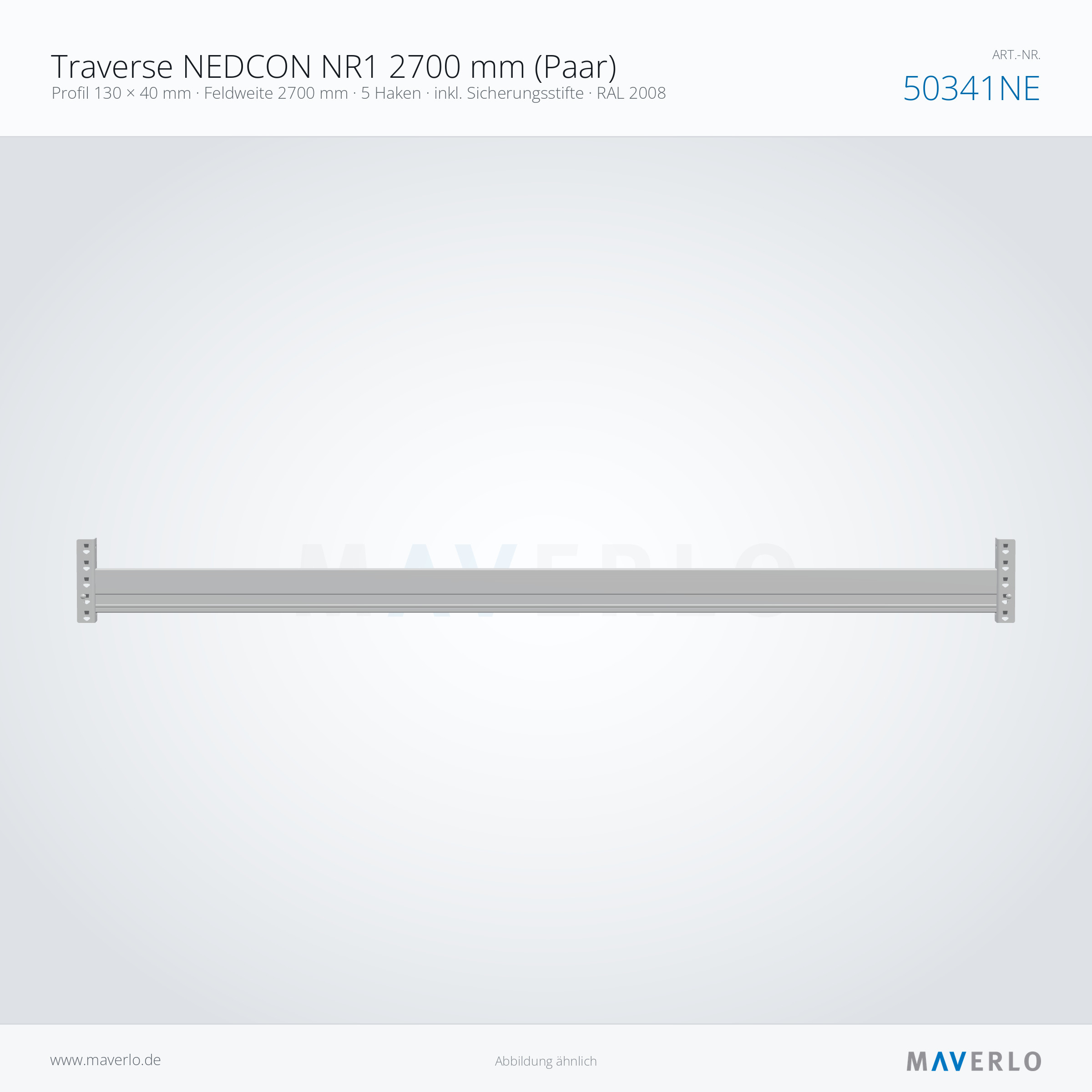 Traverse NEDCON NR1 2700 mm (Paar) – Profil 130 × 40 mm · Feldweite 2700 mm · 5 Haken · inkl. Sicherungsstifte · RAL 2008 – NEDCON NR1 Palettenregal, Art.-Nr. 50341NE (Seitenansicht)