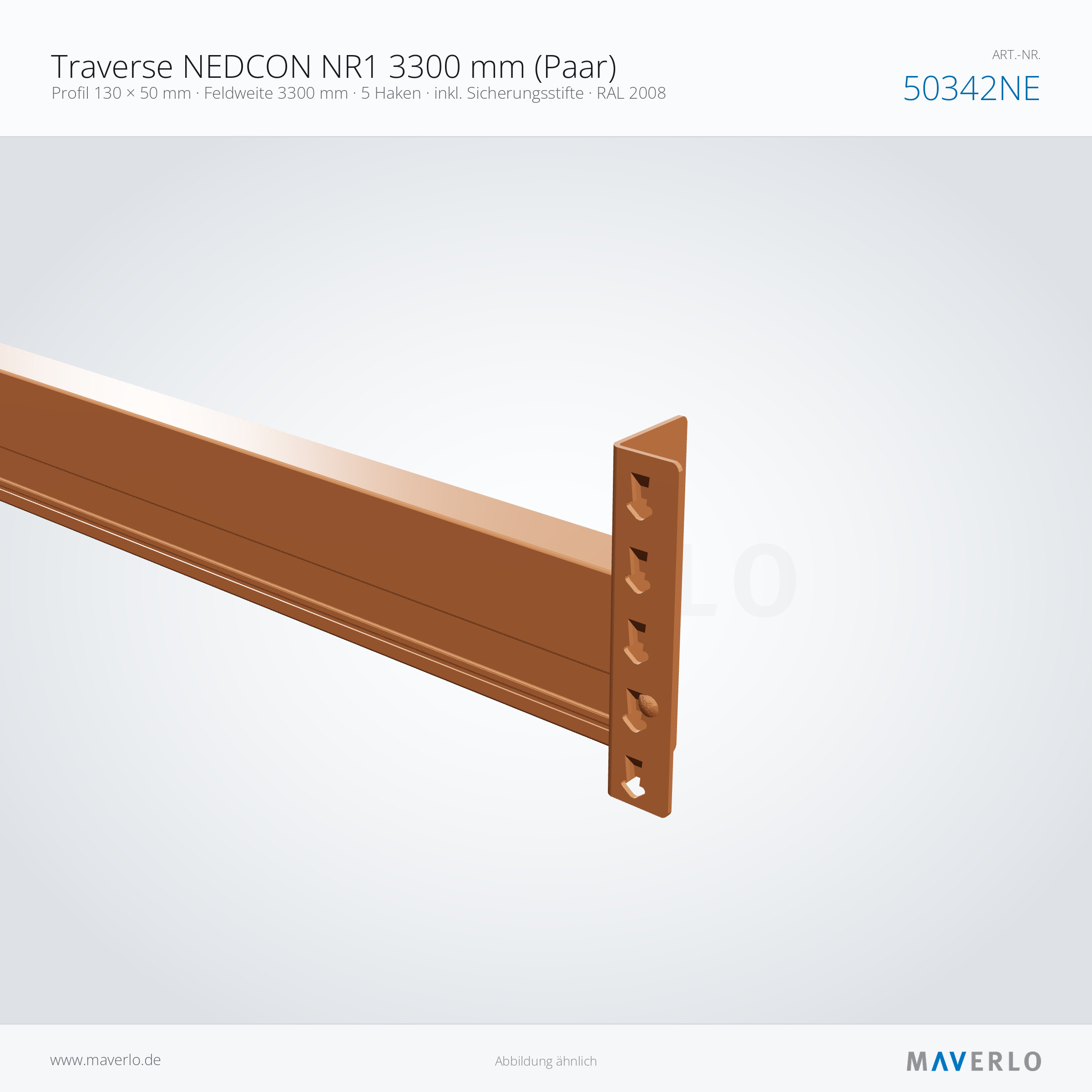 Traverse NEDCON NR1 3300 mm (Paar) – Profil 130 × 50 mm · Feldweite 3300 mm · 5 Haken · inkl. Sicherungsstifte · RAL 2008 – NEDCON NR1 Palettenregal, Art.-Nr. 50342NE (Detailansicht)