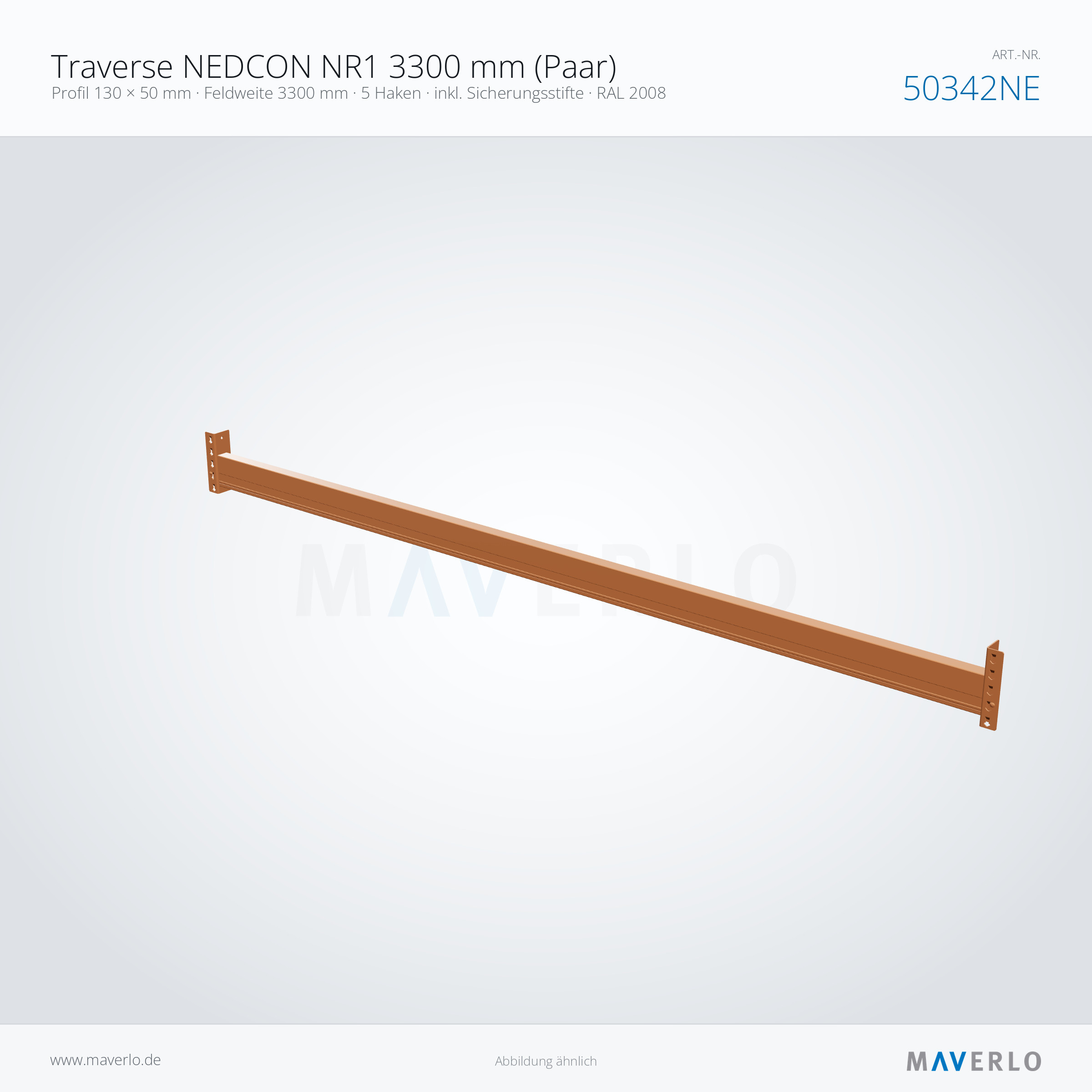 Traverse NEDCON NR1 3300 mm (Paar) – Profil 130 × 50 mm · Feldweite 3300 mm · 5 Haken · inkl. Sicherungsstifte · RAL 2008 – NEDCON NR1 Palettenregal, Art.-Nr. 50342NE (Perspektive)
