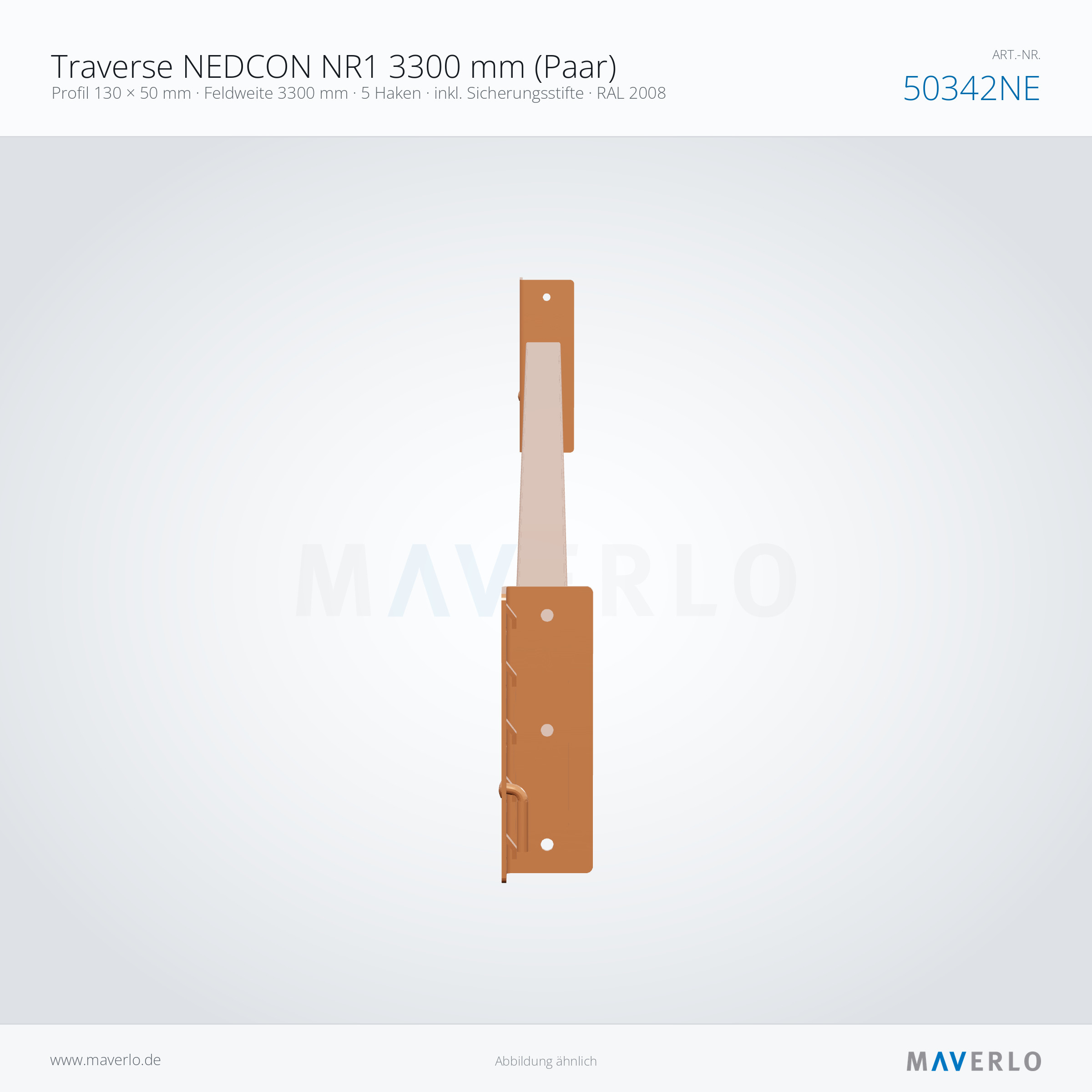 Traverse NEDCON NR1 3300 mm (Paar) – Profil 130 × 50 mm · Feldweite 3300 mm · 5 Haken · inkl. Sicherungsstifte · RAL 2008 – NEDCON NR1 Palettenregal, Art.-Nr. 50342NE (Queransicht)