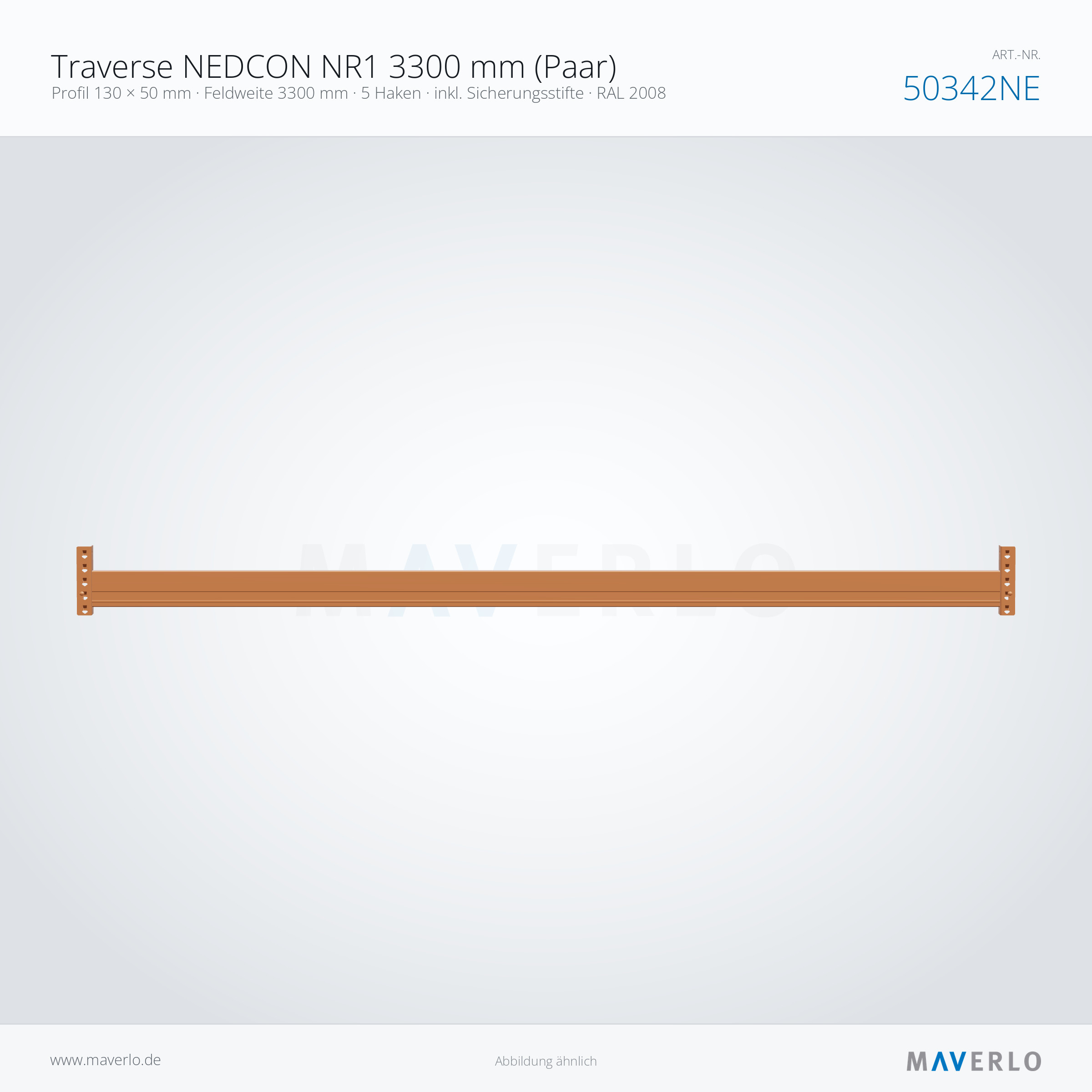 Traverse NEDCON NR1 3300 mm (Paar) – Profil 130 × 50 mm · Feldweite 3300 mm · 5 Haken · inkl. Sicherungsstifte · RAL 2008 – NEDCON NR1 Palettenregal, Art.-Nr. 50342NE (Seitenansicht)