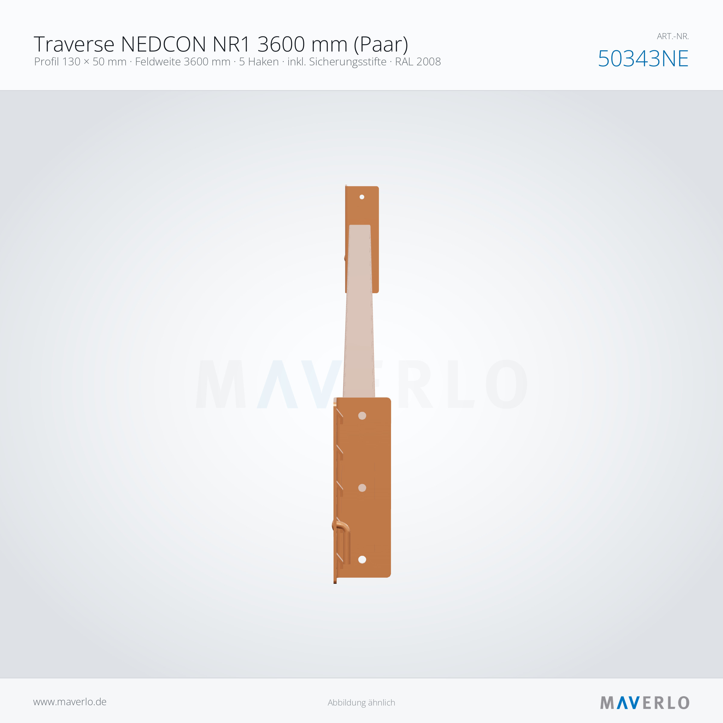 Traverse NEDCON NR1 3600 mm (Paar) – Profil 130 × 50 mm · Feldweite 3600 mm · 5 Haken · inkl. Sicherungsstifte · RAL 2008 – NEDCON NR1 Palettenregal, Art.-Nr. 50343NE (Queransicht)