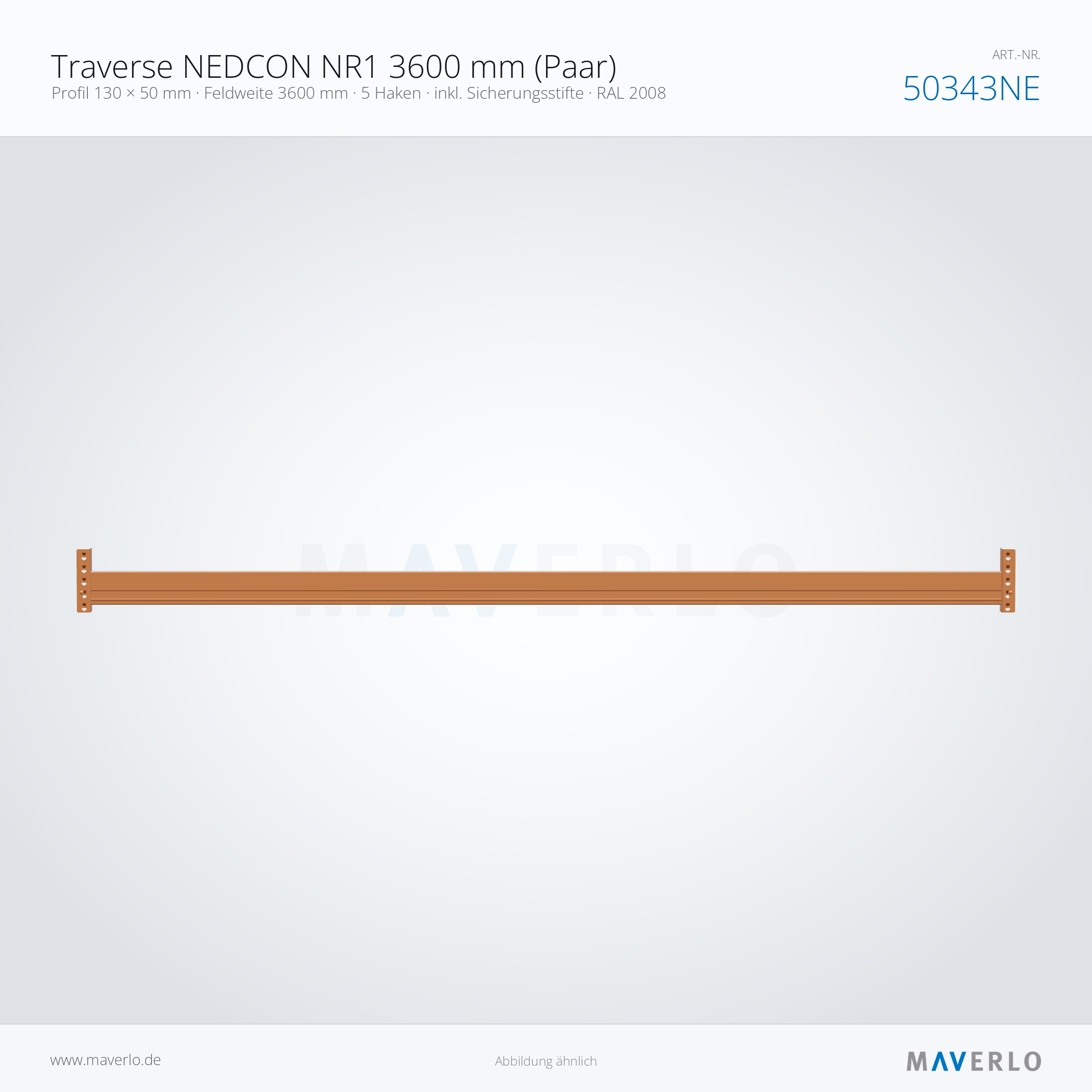 Traverse NEDCON NR1 3600 mm (Paar) – Profil 130 × 50 mm · Feldweite 3600 mm · 5 Haken · inkl. Sicherungsstifte · RAL 2008 – NEDCON NR1 Palettenregal, Art.-Nr. 50343NE (Seitenansicht)