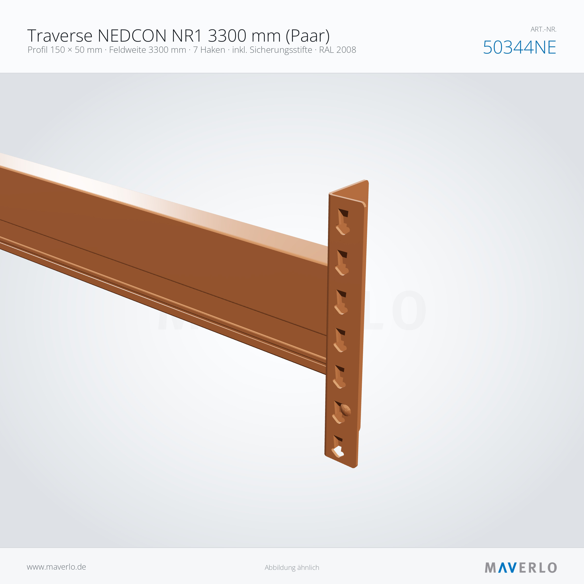 Traverse NEDCON NR1 3300 mm (Paar) – Profil 150 × 50 mm · Feldweite 3300 mm · 7 Haken · inkl. Sicherungsstifte · RAL 2008 – NEDCON NR1 Palettenregal, Art.-Nr. 50344NE (Detailansicht)
