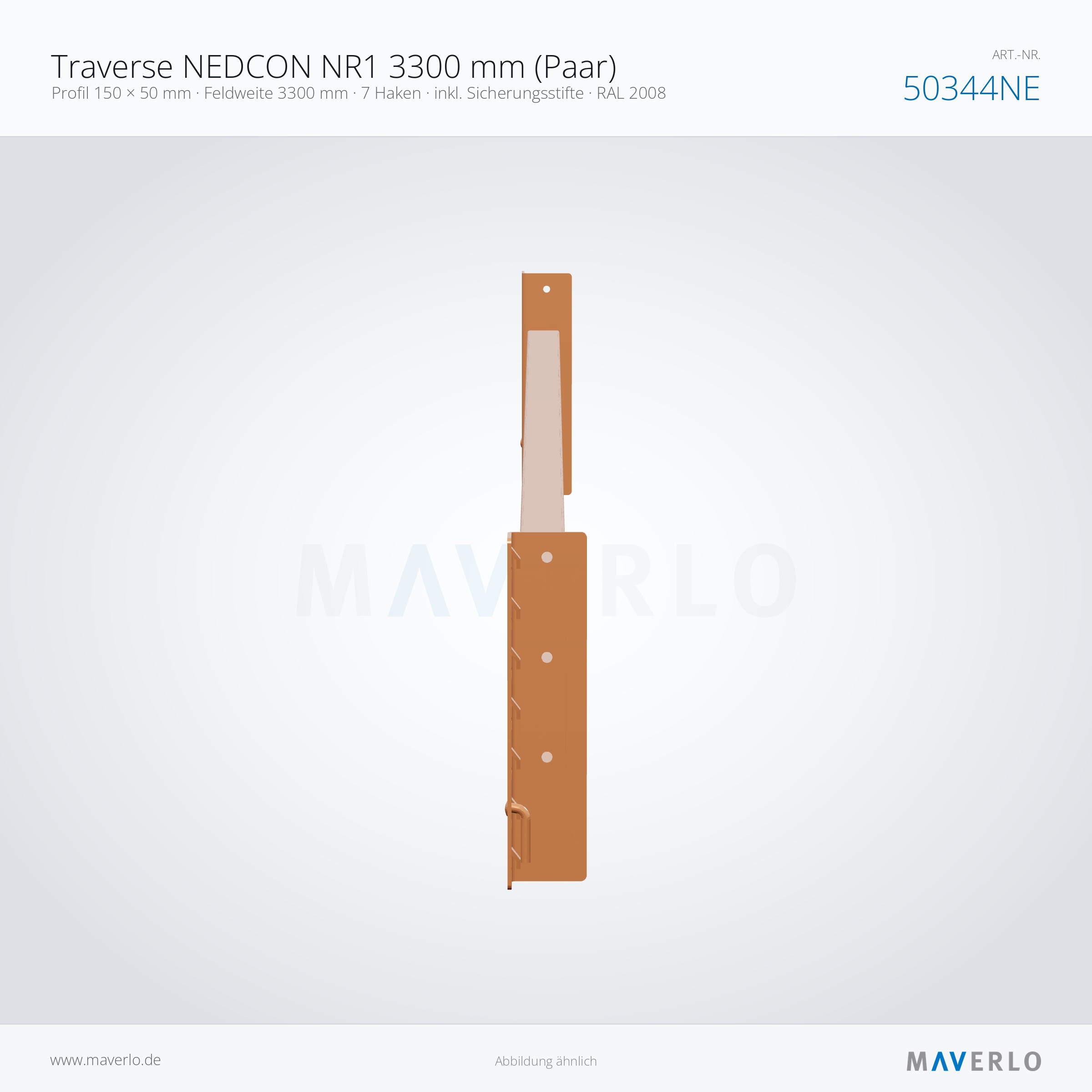 Traverse NEDCON NR1 3300 mm (Paar) – Profil 150 × 50 mm · Feldweite 3300 mm · 7 Haken · inkl. Sicherungsstifte · RAL 2008 – NEDCON NR1 Palettenregal, Art.-Nr. 50344NE (Queransicht)