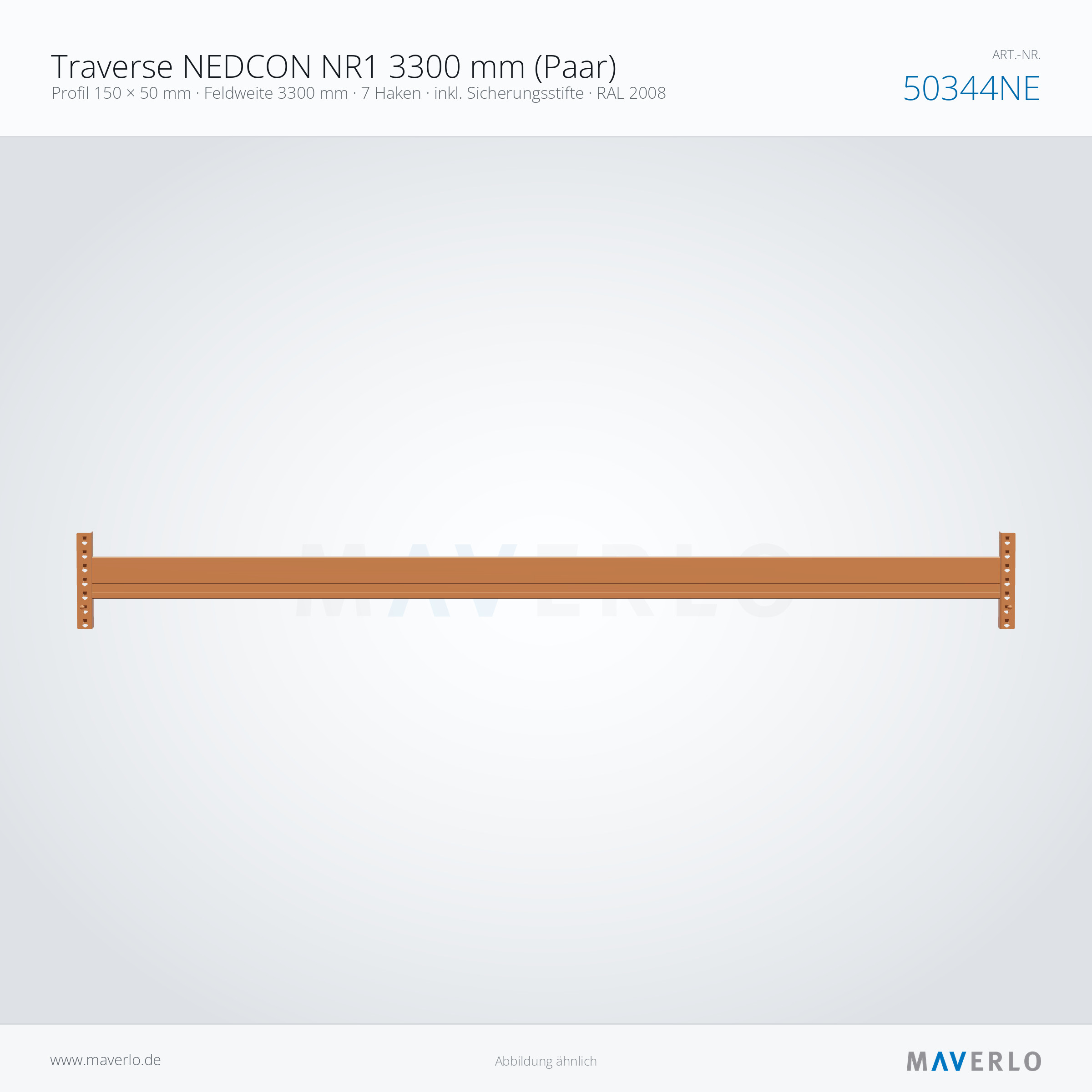 Traverse NEDCON NR1 3300 mm (Paar) – Profil 150 × 50 mm · Feldweite 3300 mm · 7 Haken · inkl. Sicherungsstifte · RAL 2008 – NEDCON NR1 Palettenregal, Art.-Nr. 50344NE (Seitenansicht)