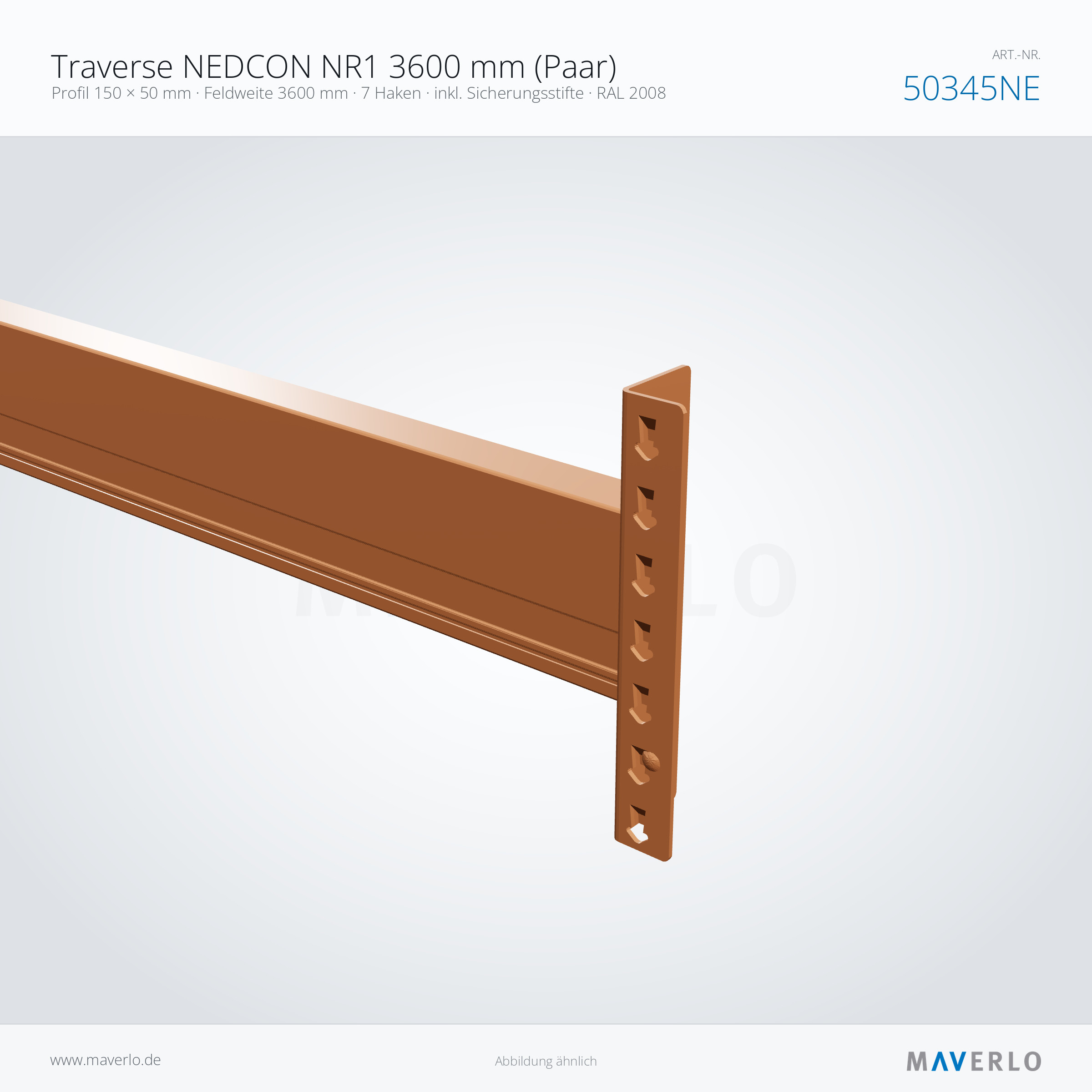 Traverse NEDCON NR1 3600 mm (Paar) – Profil 150 × 50 mm · Feldweite 3600 mm · 7 Haken · inkl. Sicherungsstifte · RAL 2008 – NEDCON NR1 Palettenregal, Art.-Nr. 50345NE (Detailansicht)