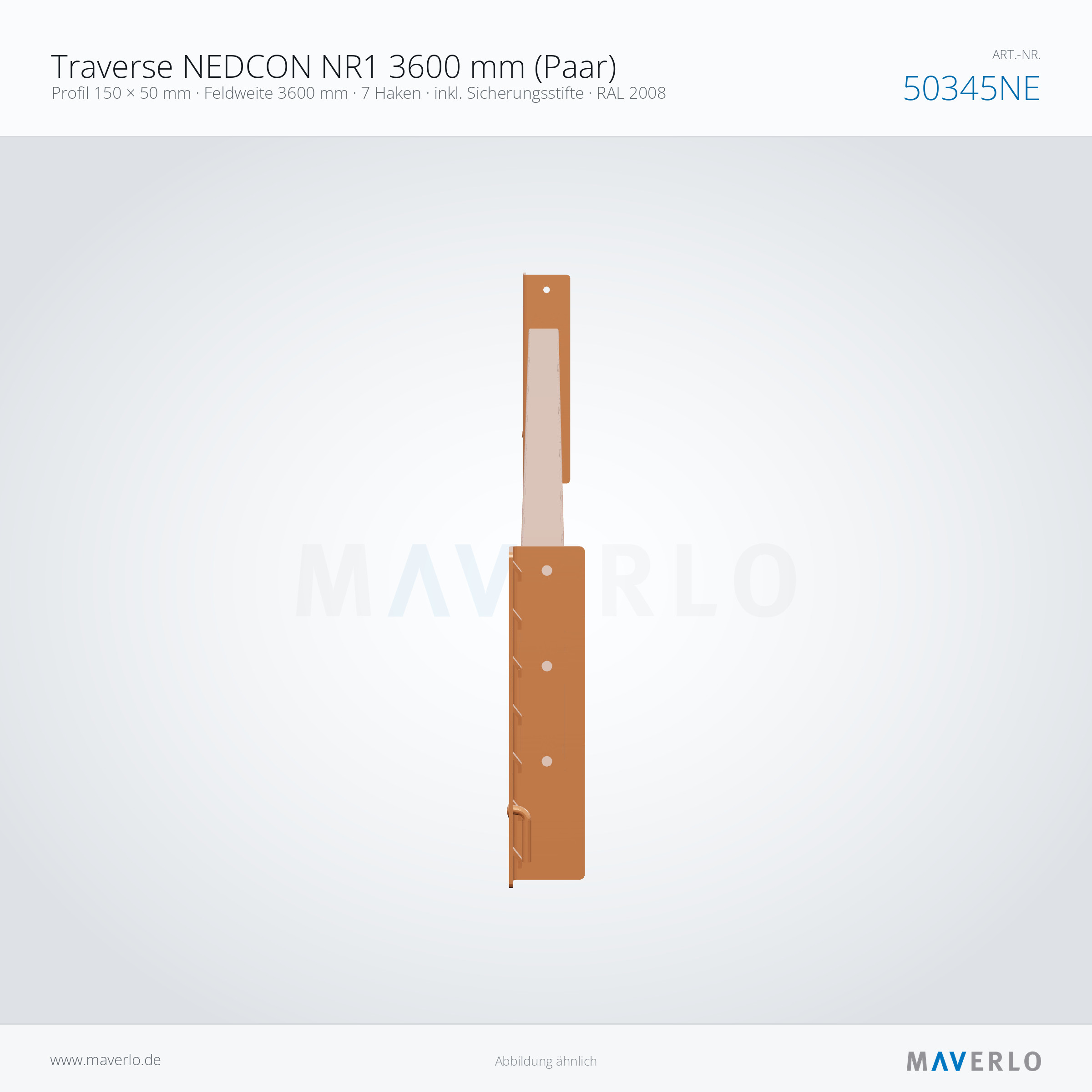 Traverse NEDCON NR1 3600 mm (Paar) – Profil 150 × 50 mm · Feldweite 3600 mm · 7 Haken · inkl. Sicherungsstifte · RAL 2008 – NEDCON NR1 Palettenregal, Art.-Nr. 50345NE (Queransicht)