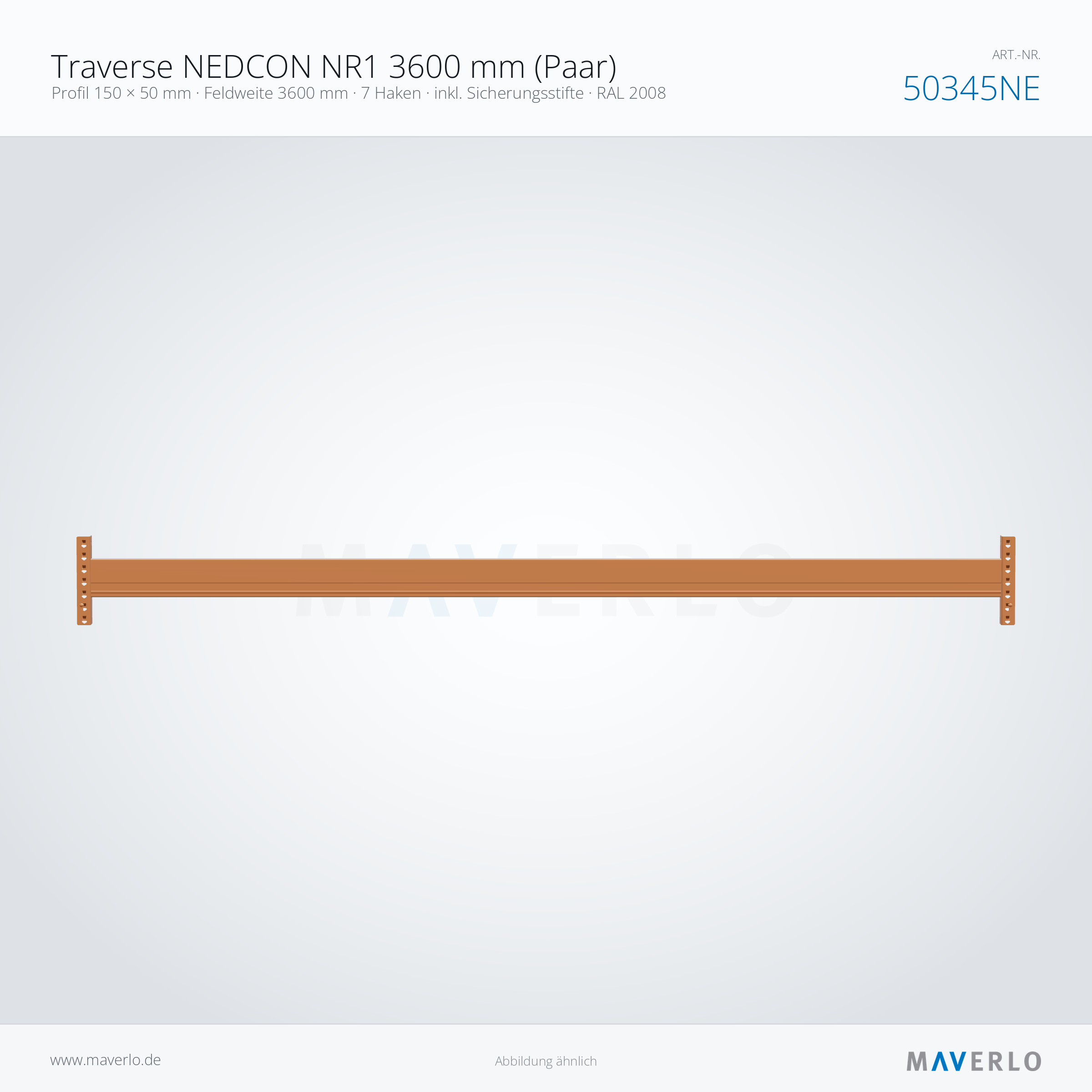 Traverse NEDCON NR1 3600 mm (Paar) – Profil 150 × 50 mm · Feldweite 3600 mm · 7 Haken · inkl. Sicherungsstifte · RAL 2008 – NEDCON NR1 Palettenregal, Art.-Nr. 50345NE (Seitenansicht)