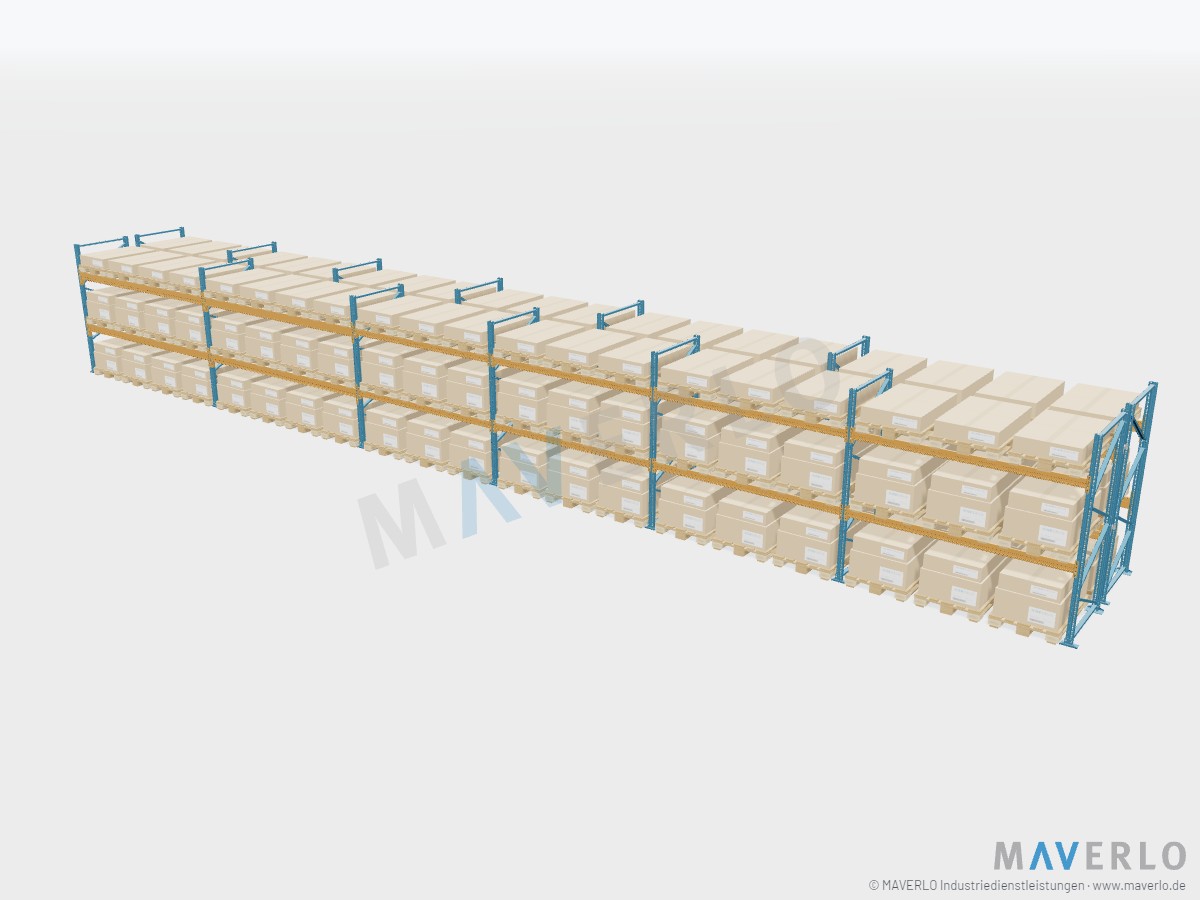 Komplettregal Palettenregal NEDCON NR1 Doppelregal, Höhe 2.500 mm, 2 Felder à 3.600 mm + 4 Felder à 2.700 mm, 120 Palettenplätze, mit Europaletten beladen