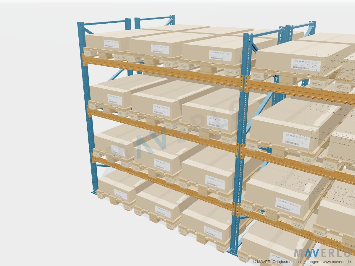 Komplettregal Palettenregal NEDCON NR1 Doppelregal, Höhe 3.000 mm, Feldbreite 2.700 mm, 2 Felder, 48 Palettenplätze, mit Europaletten beladen