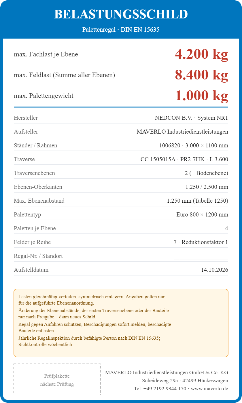 Belastungsschild Komplettregal Palettenregal NEDCON NR1 Doppelregal, Höhe 3.000 mm, 1 Feld à 3.600 mm + 5 Felder à 2.700 mm + 1 Feld à 1.825 mm, 126 Palettenplätze, Fachlast 4.700/3.050/2.050 kg