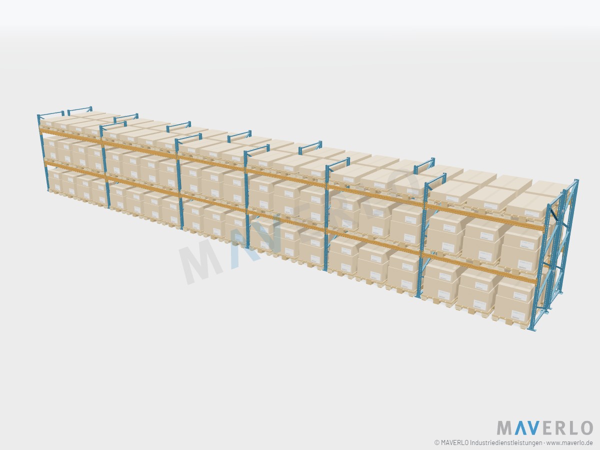 Komplettregal Palettenregal NEDCON NR1 Doppelregal, Höhe 3.000 mm, 2 Felder à 3.600 mm + 4 Felder à 2.700 mm, 120 Palettenplätze, mit Europaletten beladen