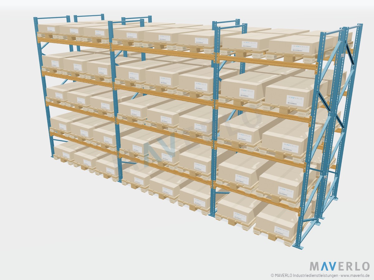 Komplettregal Palettenregal NEDCON NR1 Doppelregal, Höhe 4.000 mm, 2 Felder à 2.700 mm + 1 Feld à 1.825 mm, 80 Palettenplätze, mit Europaletten beladen