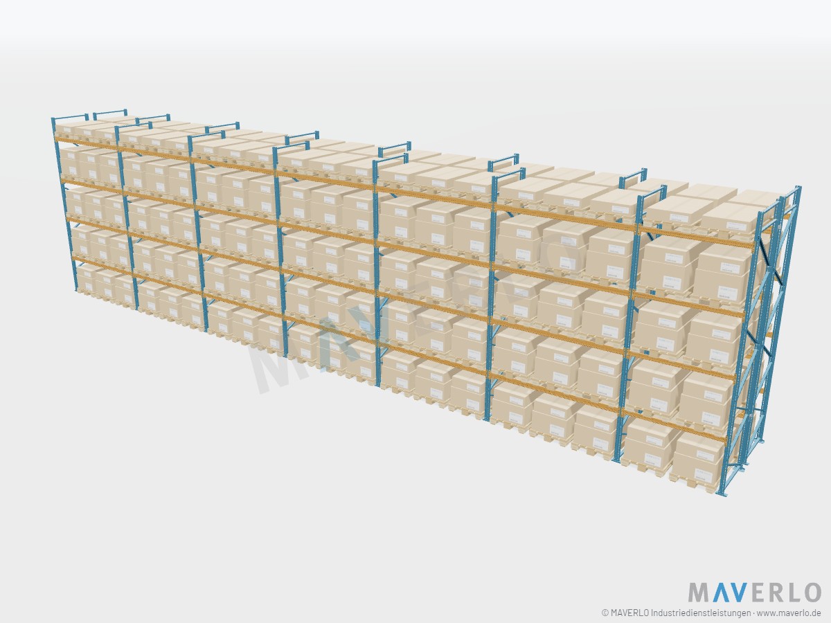 Komplettregal Palettenregal NEDCON NR1 Doppelregal, Höhe 5.000 mm, 6 Felder à 2.700 mm + 1 Feld à 1.825 mm, 200 Palettenplätze, mit Europaletten beladen