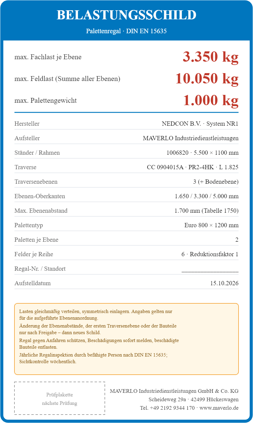 Belastungsschild Komplettregal Palettenregal NEDCON NR1 Doppelregal, Höhe 5.500 mm, 3 Felder à 3.600 mm + 2 Felder à 2.700 mm + 1 Feld à 1.825 mm, 160 Palettenplätze, Fachlast 4.750/3.000/2.050 kg (Feldtyp 3)