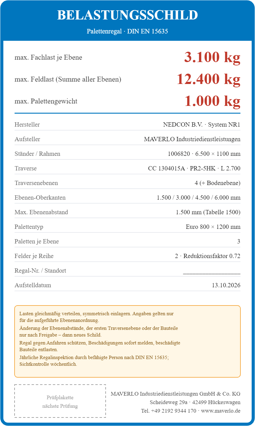Belastungsschild Komplettregal Palettenregal NEDCON NR1 Doppelregal, Höhe 6.500 mm, 2 Felder à 2.700 mm, 60 Palettenplätze, Fachlast 3.100 kg