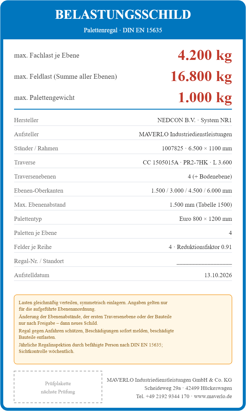 Belastungsschild Komplettregal Palettenregal NEDCON NR1 Doppelregal, Höhe 6.500 mm, 2 Felder à 3.600 mm + 2 Felder à 2.700 mm, 140 Palettenplätze, Fachlast 4.200/3.050 kg