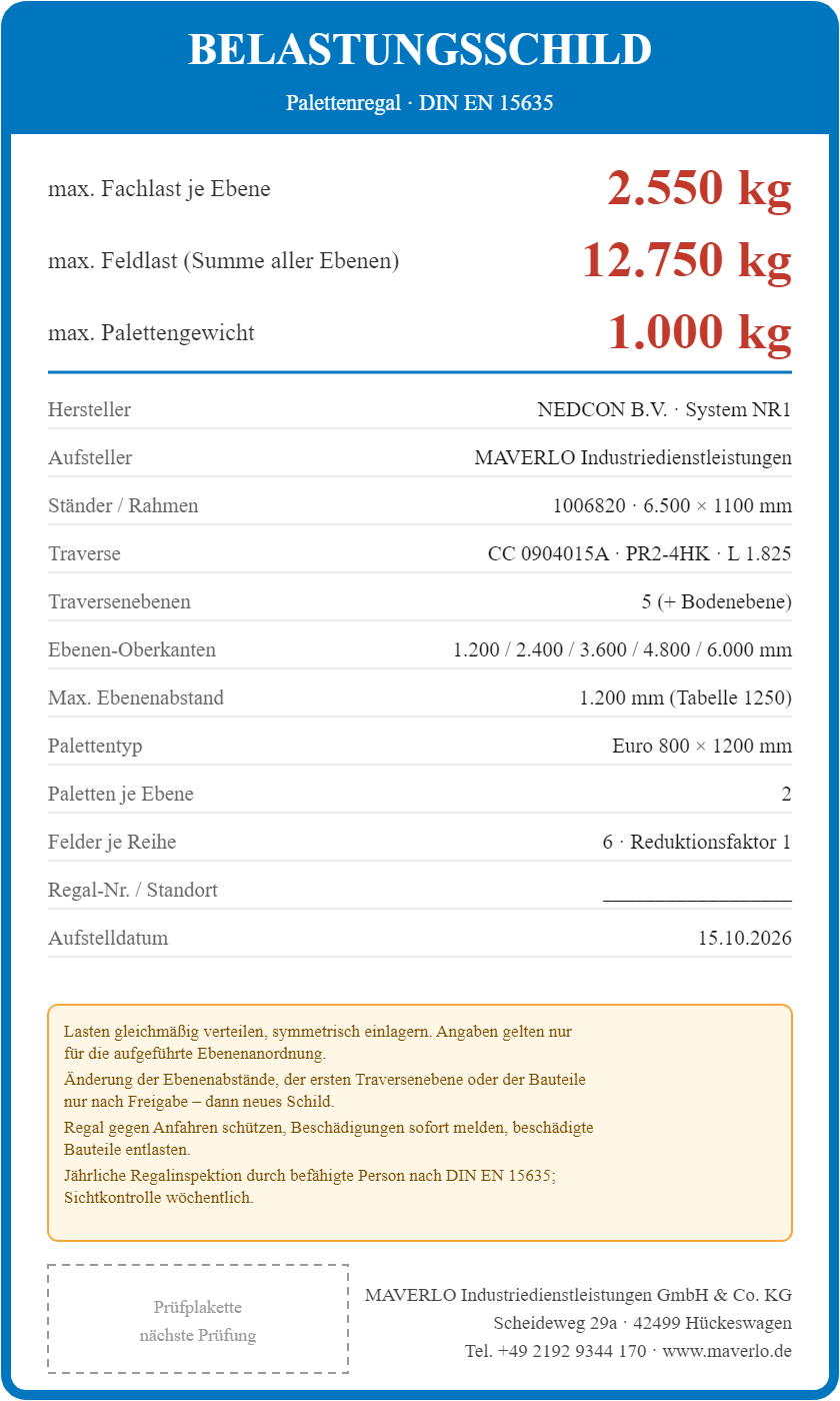 Belastungsschild Komplettregal Palettenregal NEDCON NR1 Doppelregal, Höhe 6.500 mm, 5 Felder à 2.700 mm + 1 Feld à 1.825 mm, 204 Palettenplätze, Fachlast 3.100/2.550 kg (Feldtyp 2)