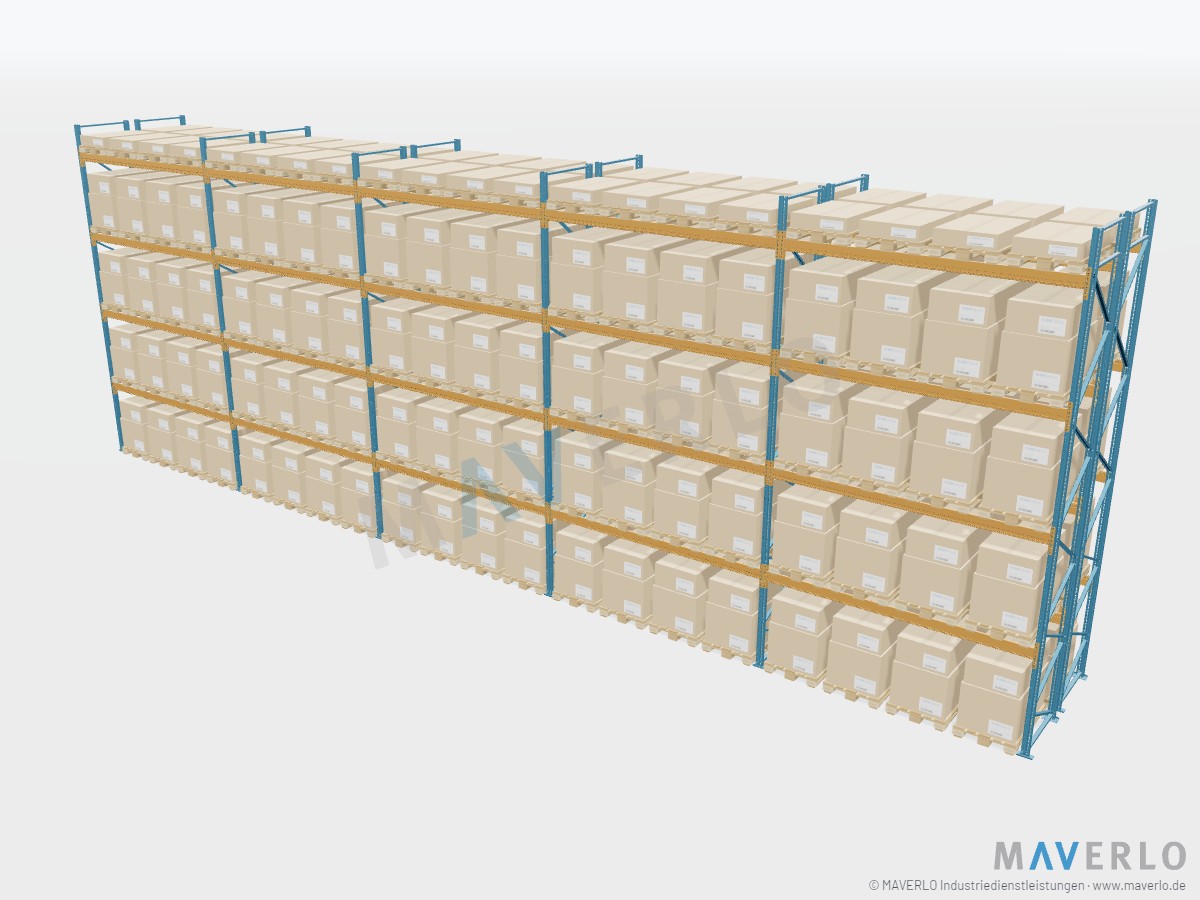 Komplettregal Palettenregal NEDCON NR1 Doppelregal, Höhe 6.500 mm, 5 Felder à 3.600 mm, 200 Palettenplätze, mit Europaletten beladen