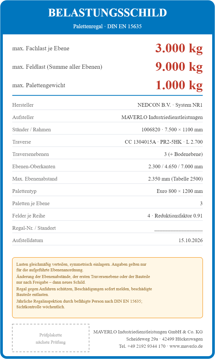 Belastungsschild Komplettregal Palettenregal NEDCON NR1 Doppelregal, Höhe 7.500 mm, 2 Felder à 3.600 mm + 1 Feld à 2.700 mm + 1 Feld à 1.825 mm, 104 Palettenplätze, Fachlast 4.150/3.000/2.550 kg (Feldtyp 2)